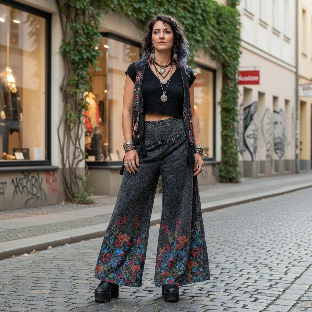 Guru-Shop Relaxhose Palazzohose, Boho Baumwollhose, Hosenrock mit.. alternative Bekleidung