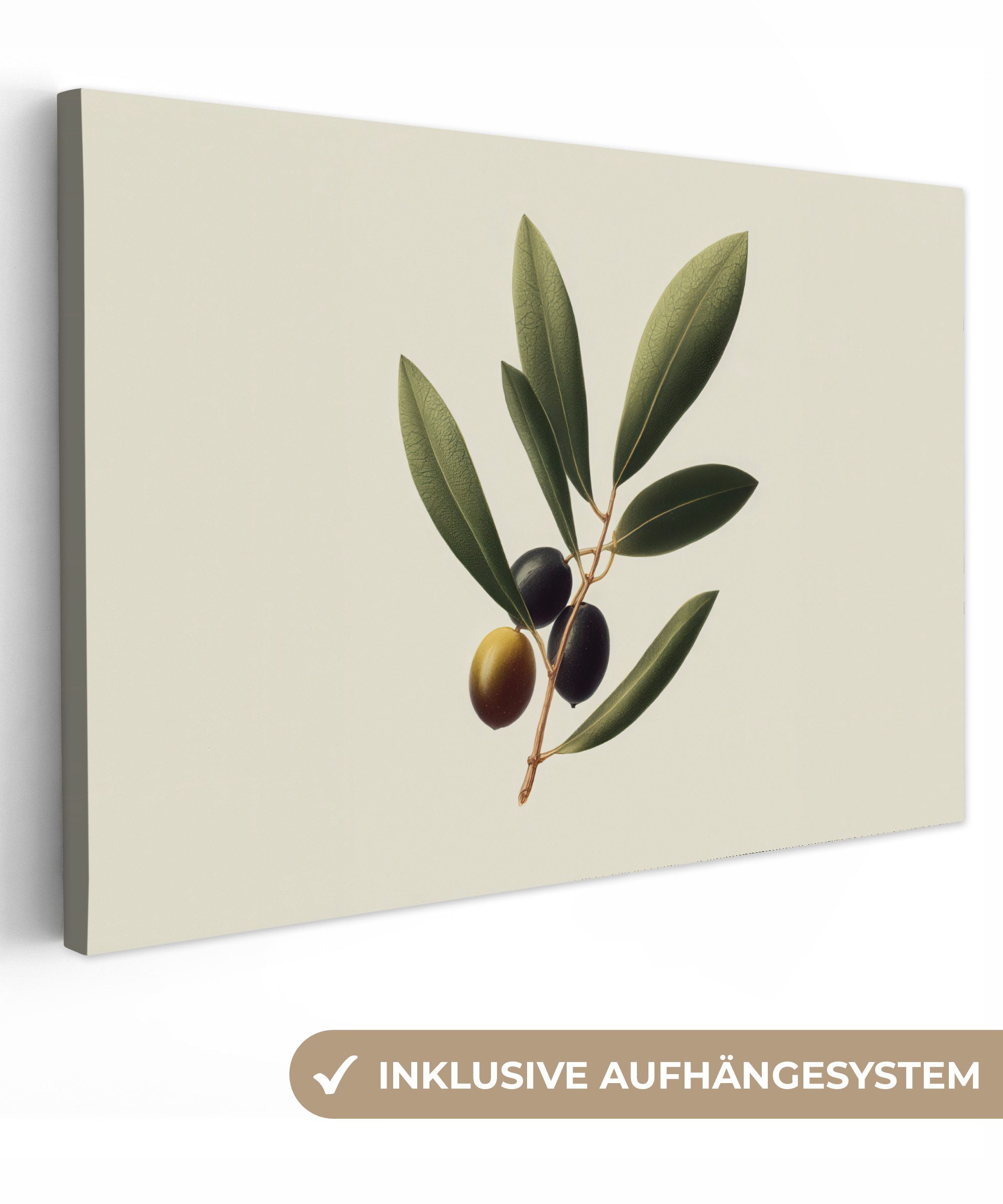 OneMillionCanvasses® Leinwandbild Olivenzweig - Dunkelgrün - Oliven, Fotodruck (1 St), Leinwand Bilder Klein, Wand Dekoration Aesthetic 30x20 cm