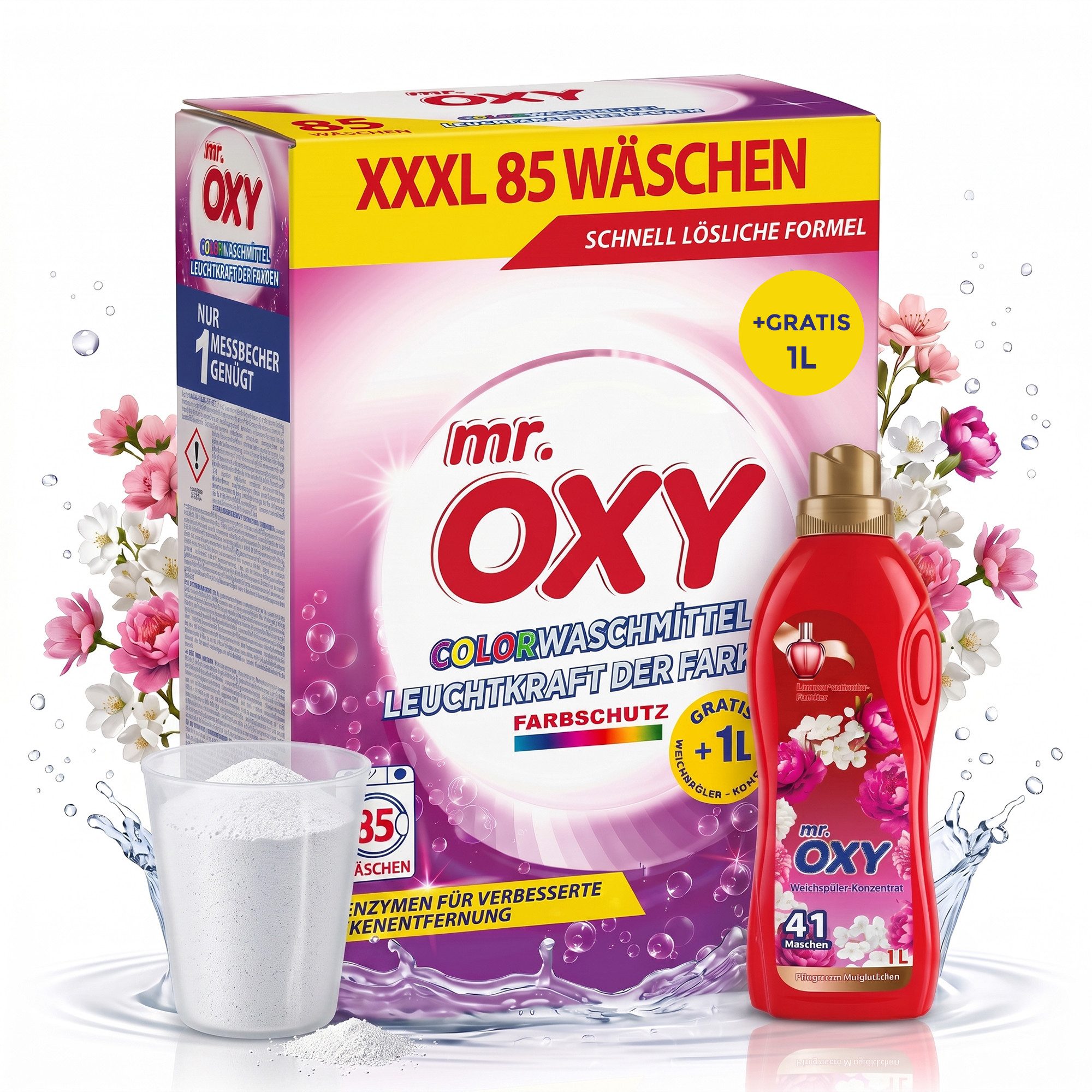 Roxlin Mr. OXY Waschmittel Set XXXL 85 Wäschen 5,1 KG + GRATIS 1L Weichspüler Colorwaschmittel