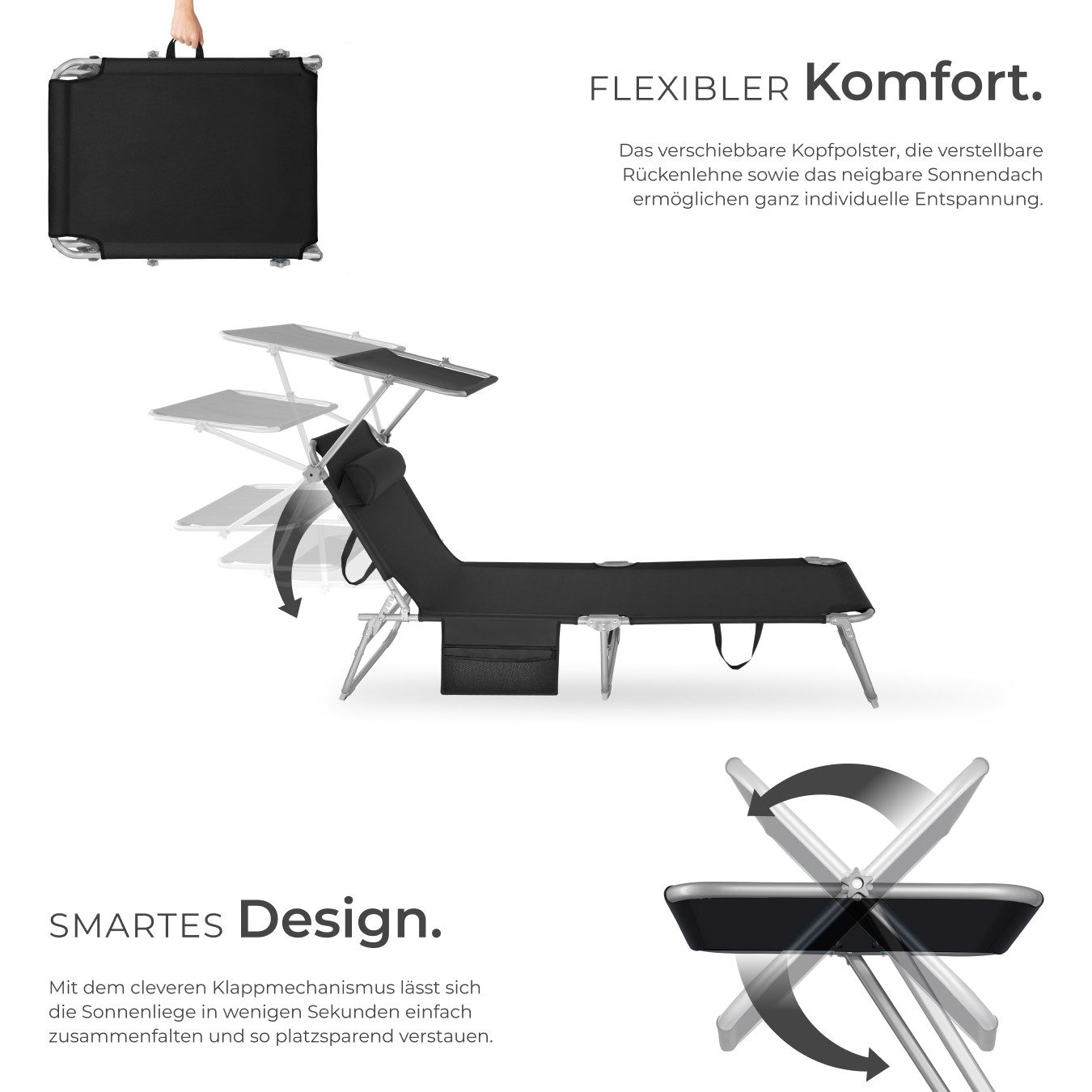 tectake Gartenliege Sonnenliege mit Seitentasche und Kopfpolster, 190 x 68 x 28 cm, Balkonliege Chloé, 1 St., für Außen in Schwarz, klappbar, verstellbar, widerstandsfähig und UV-beständig