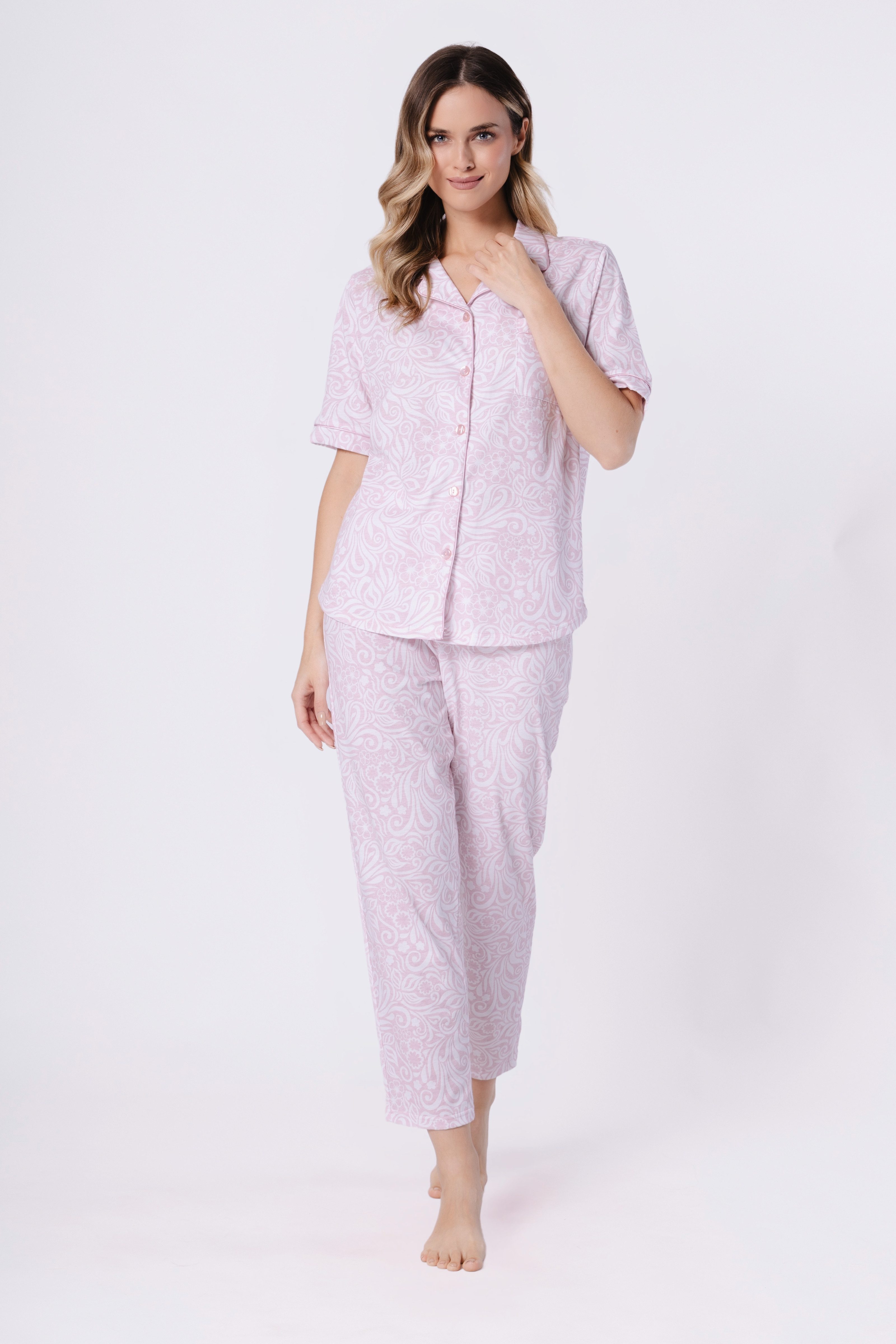 COOLISMO NIGHTWEAR Pyjama geknöpfter Damen Schlafanzug Damen 7/8 Baumwolle (2 tlg) soft, feminin und elegant mit Blumen-Druck Paspelierung