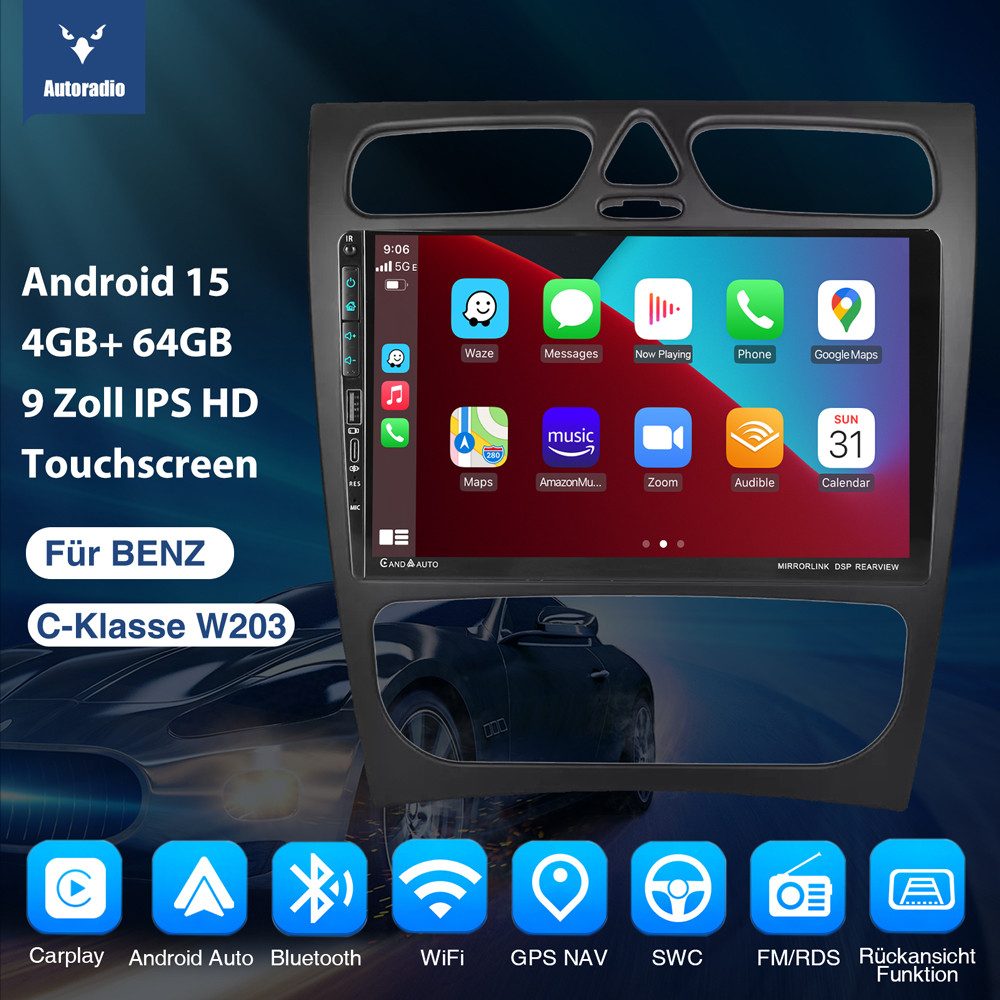 ESSGOO Für Mercedes Benz C-Klasse W203 2002-2004 USB Autoradio Autoradio (4+64GB optional, Digitalradio (DAB), FM, AM, Apple Carplay Android Auto NAVI SWC BT EQ)