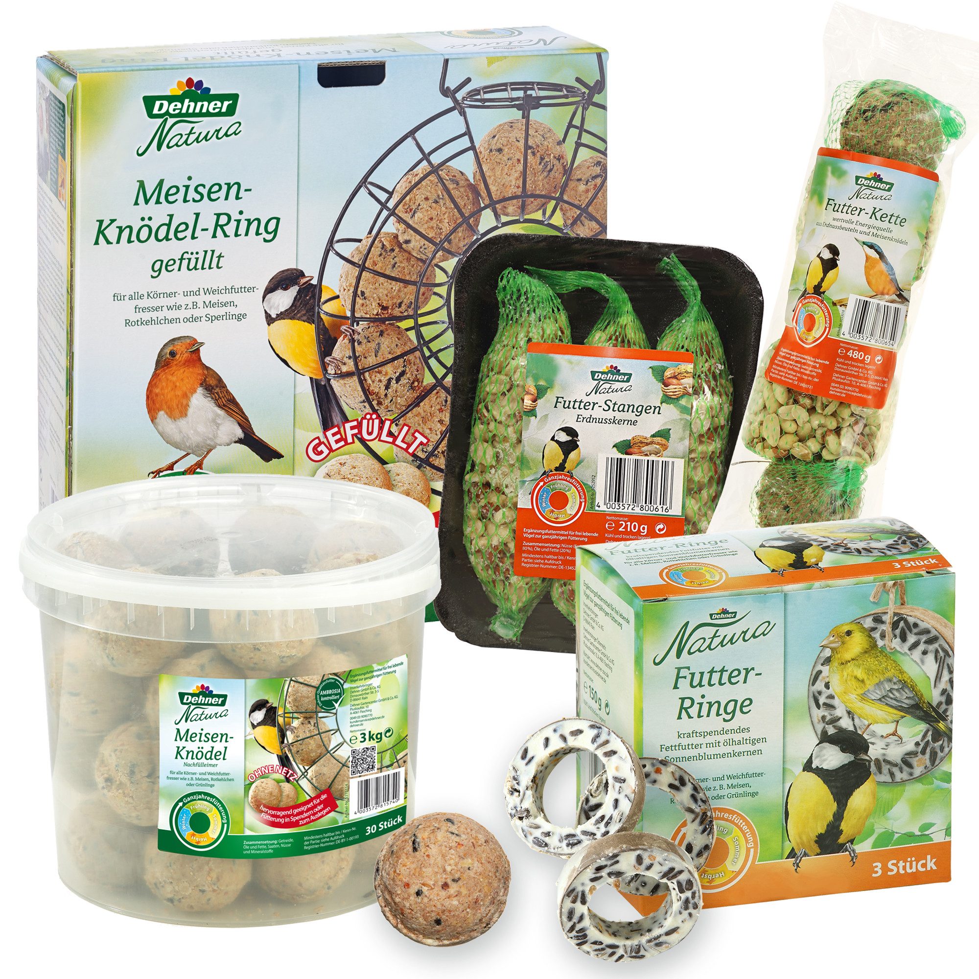 Dehner Natura Premium Wildvogelfutter 5-tlg. Set, inkl. Meisenknödel-Ring, Futterringe, Meisenknödel Eimer, Futterstange, Futterkette, Knödelring