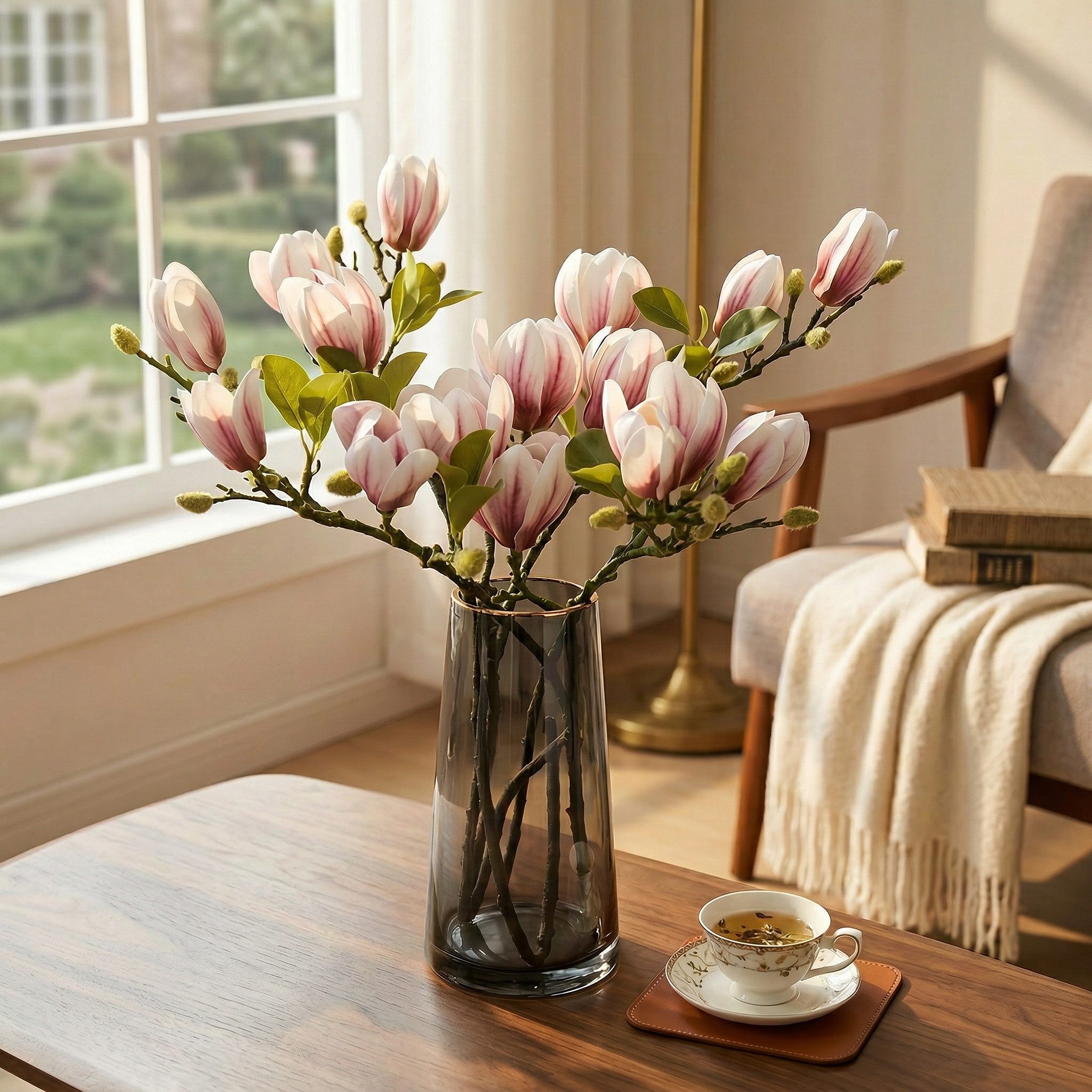 Kunstblume Kunstblumenstrauß Magnolie Rosa künstliche Blumen realistisch, Fanci Home