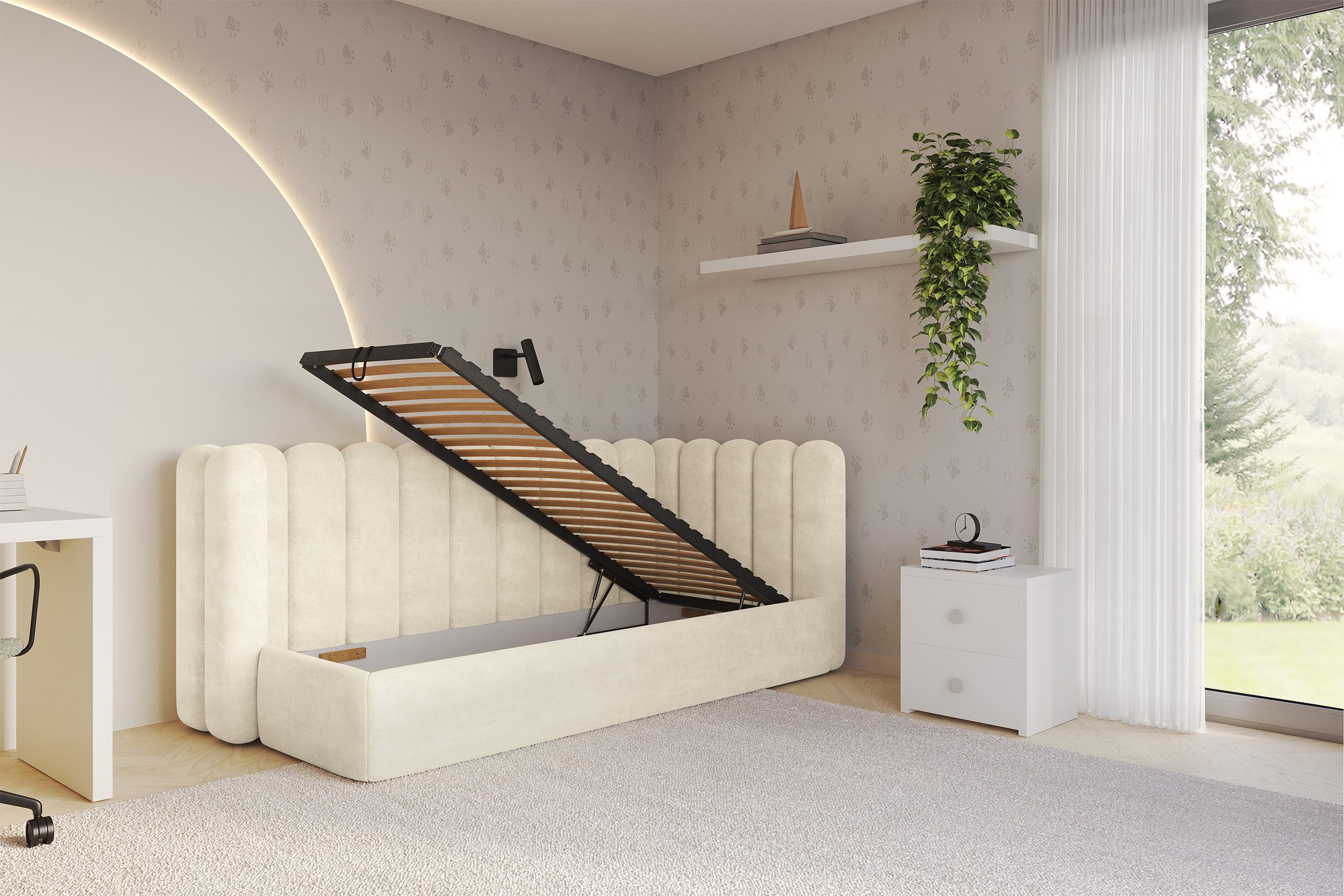 ALTDECOR Jugendbett HUGY (Jugendbett mit Bettkasten und Lattenrost, Polsterbett ohne Matratze), Einzelbett mit Stauraum, Bett mit Kopfteil
