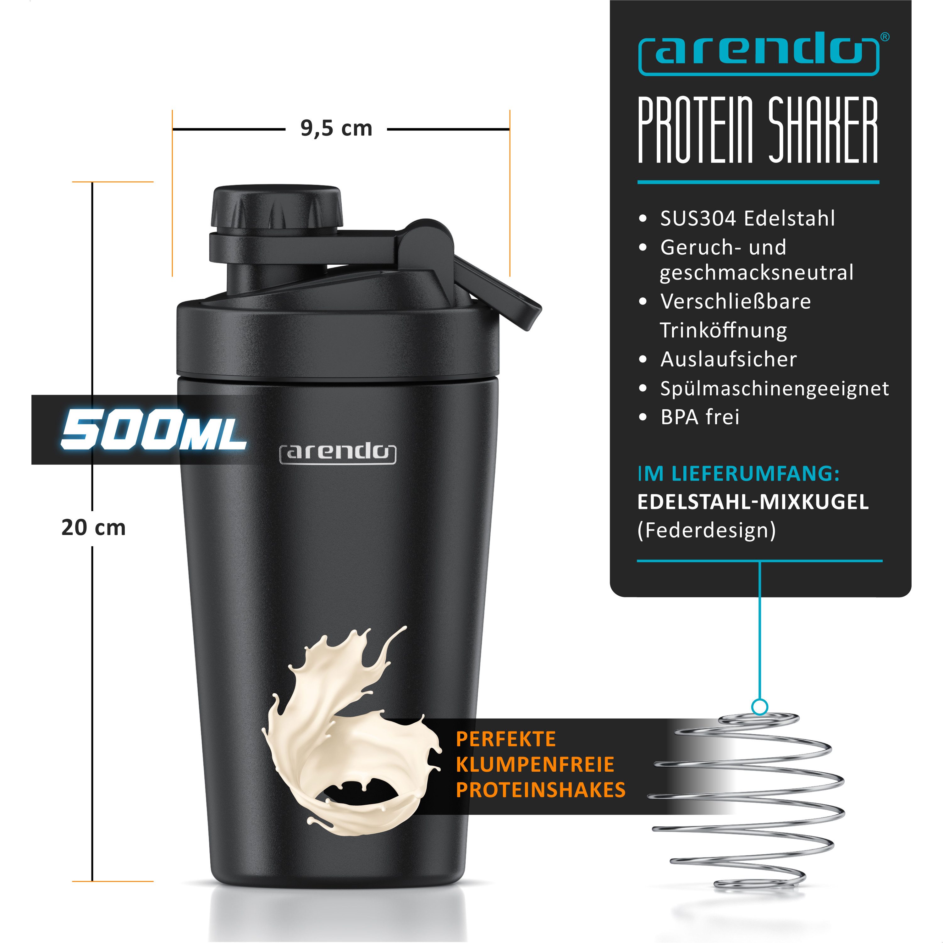 Arendo Protein Shaker Edelstahl Eiweißshaker 500 ml, verschließbar, bruchfest, BPA-frei, Edelstahl, (1-tlg), auslaufsicher, spülmaschinengeeignet, mit Tragegrif – Bild 2 von 5