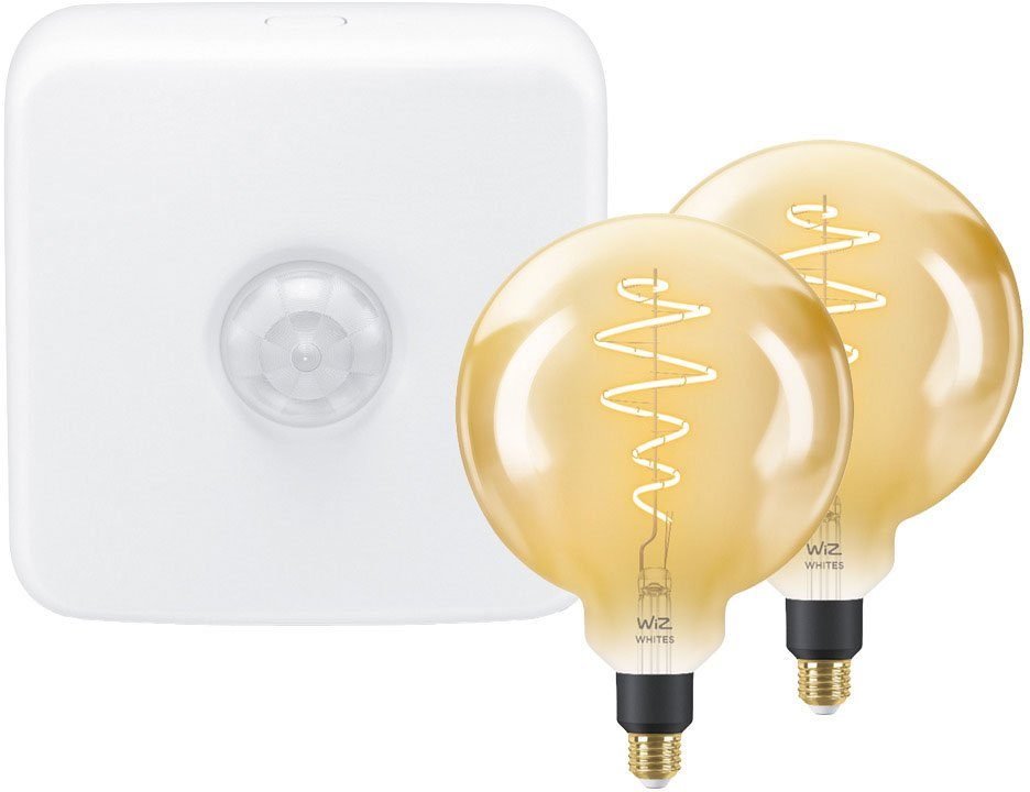 WiZ LED-Leuchtmittel Filament 40W E27 XL-Globe G200 2 Stk+ Wireless Sensor Set, E27, Farbwechsler