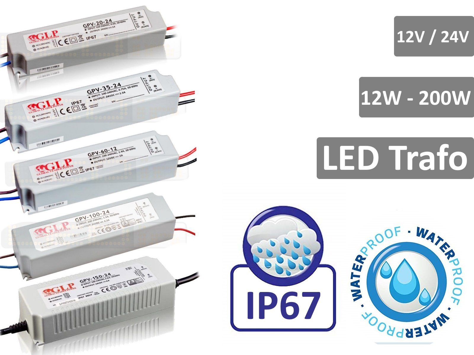 IP67 12V LED-Line Transformator 16A Trafo Netzteil LED Trafo Treiber Wasserdicht LED 192W