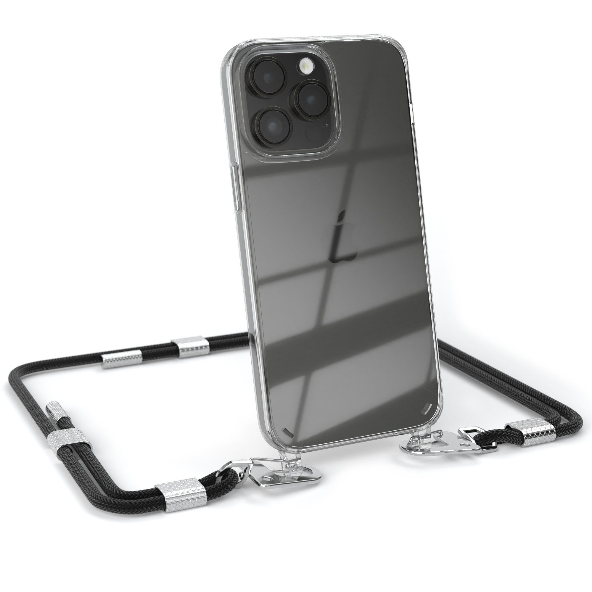 EAZY CASE Handykette Silikonhülle mit Kette für Apple iPhone 14 Pro Max 6,7 Zoll, Ketten Hülle Transparent Case Kettenhülle abnehmbare Kordel Schwarz