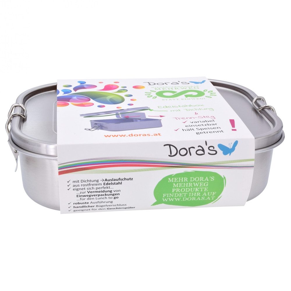 Dora's Lunchbox XL Edelstahl Box 1,4l – Auslaufsicher mit Trennsteg, (Maße: ca. 21,5 x 16,5 x 6,5 cm), Flexibler und herausnehmbarer Trennsteg, Maximales Volumen: 1,4 Litern