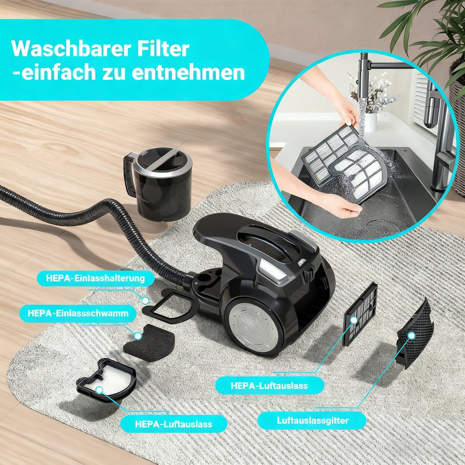 wohnTRAUM24 Bodenstaubsauger Staubsauger mit Beutel, Bodenstaubsauger für alle Bodenbeläge, beutellos, Leicht und tragbar,Starke Saugkraft,Betriebsgeräusch unte – Bild 3 von 5