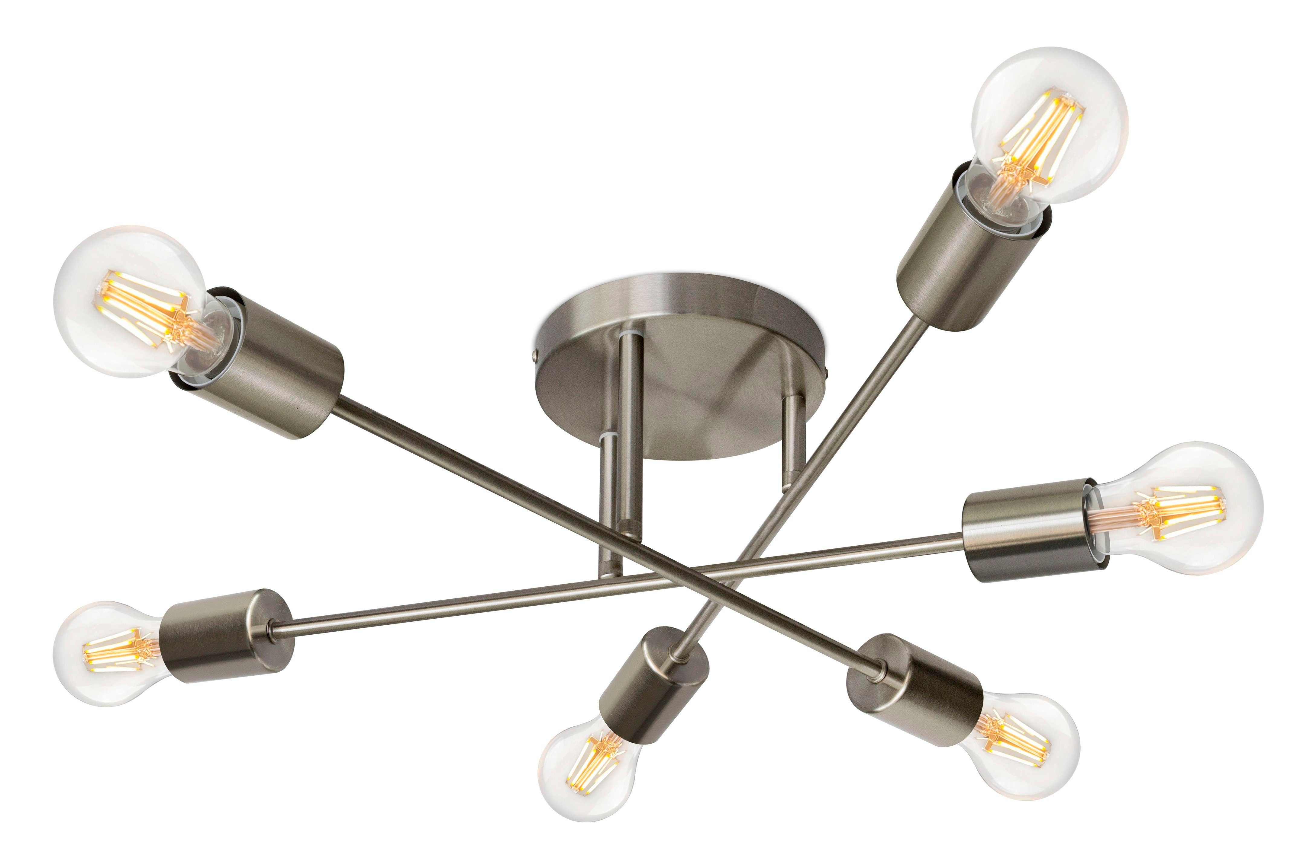 TRANGO LED Deckenleuchte, 6-flammig 1012-62-8W Deckenleuchte Edelstahl-Optik *SKY* inkl. 6x 8 Watt E27 3000K warmweiß LED-Leuchtmittel Flurleuchte, Küchenleuchte, Deckenlampe, vintage Kronleuchter, Wohnzimmerlampe, Arme flexibel verstellbar & schwenkbar