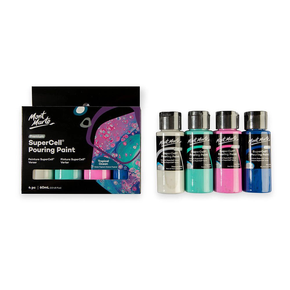 Mont Marte Bastelfarbe SuperCell® Pouring Acrylfarbe, Gieß-Acryl, je 4 x 60 ml, diverse Sets, Untereinander vermischbar & Bereits mit Pouring Medium vorgemischt