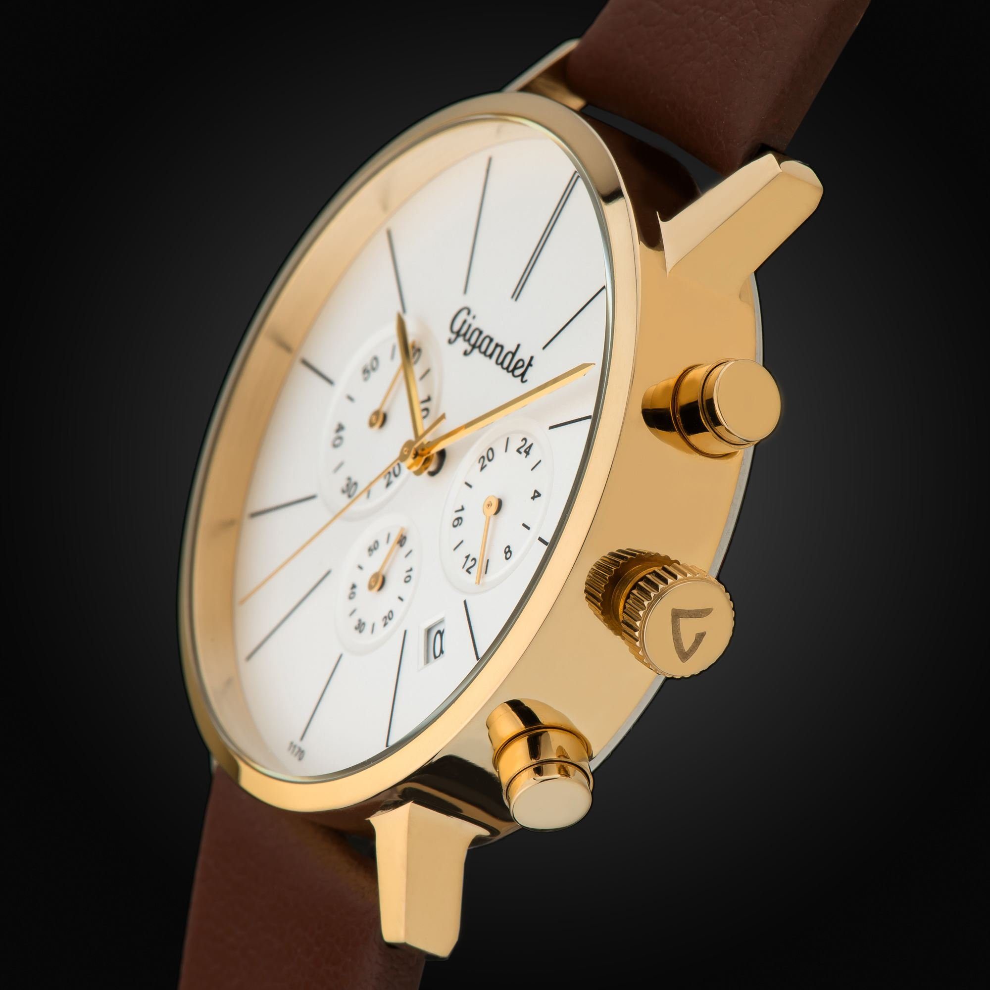 Gigandet Chronograph MINIMALISM Armbanduhr Uhr Damenuhr Herrenuhr Unisex weiß gold braun G32-003, Lederarmband, Edelstahlgehäuse, 3ATM wasserdicht, Modell G32-003