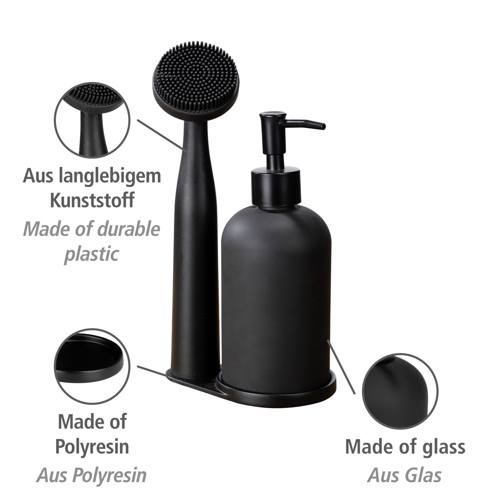 WENKO Spülmittelspender Modell Piedo, (Set, 3-tlg), Spül-Set, inkl. Spülbürste mit Halterung, Glas/Polyresin