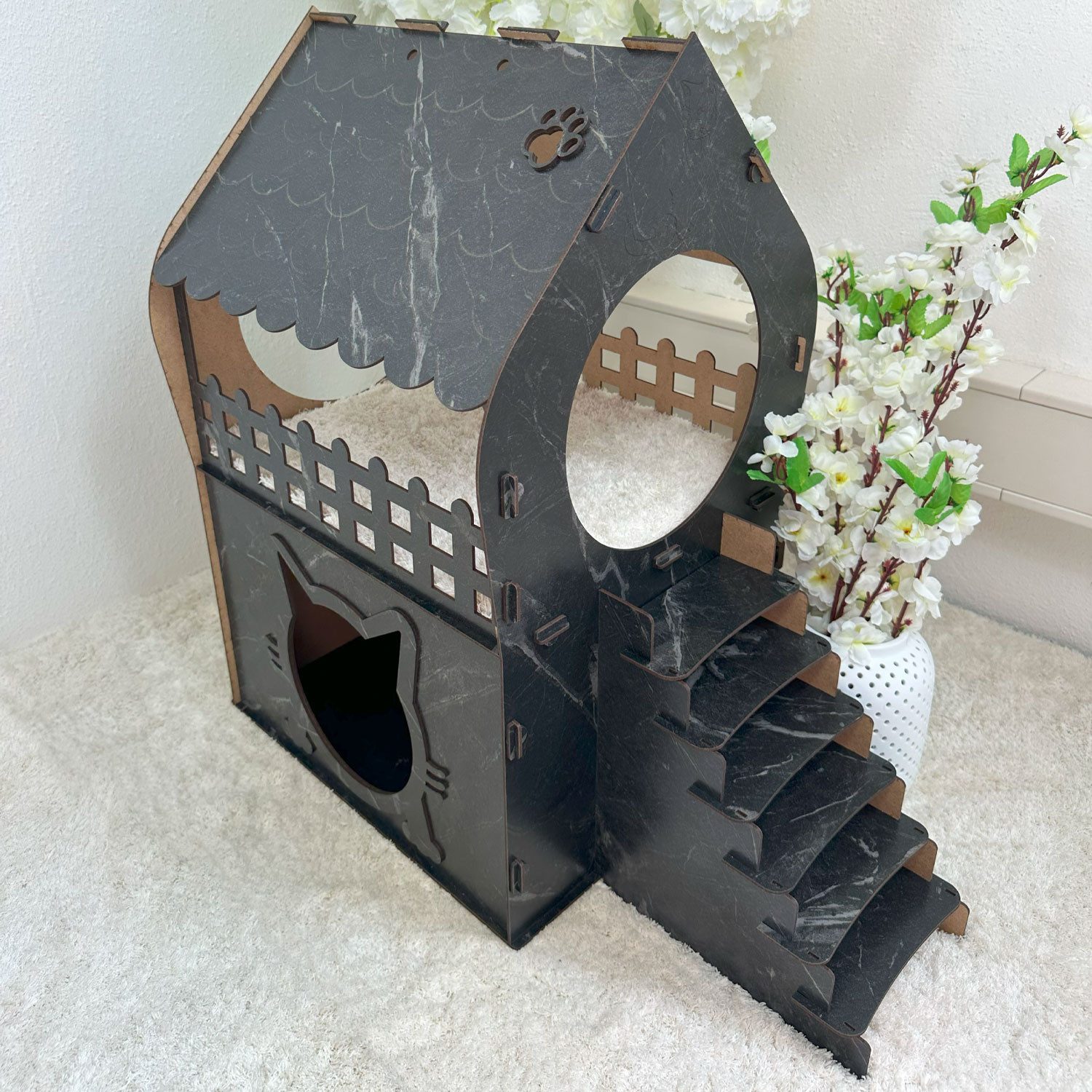 Jungengel Tierhaus Zweistöckiges Katzenhaus aus MDF – Schwarz Marmoriert, S günstig online kaufen