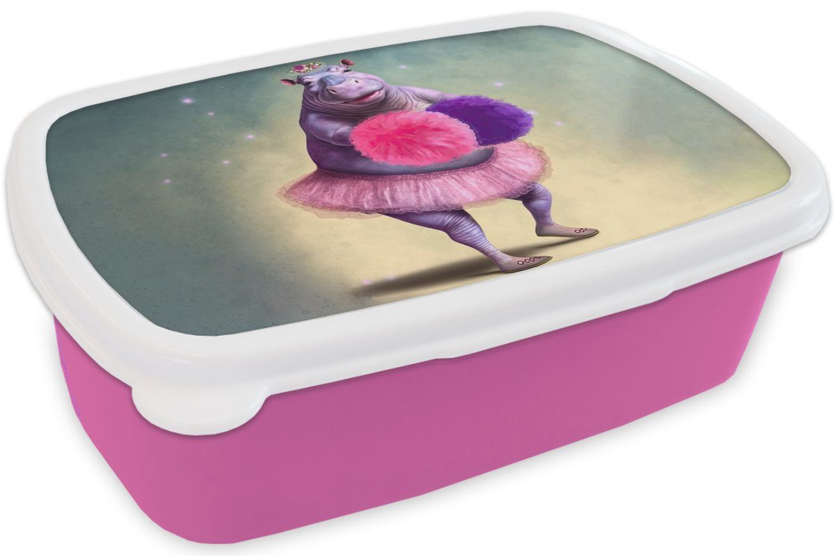 MuchoWow Lunchbox Nilpferd - - - Ballerina Erwachsene, Kunststoff, Brotdose Porträt Brotbox rosa - Kinder, Blumen für Kunststoff Snackbox, (2-tlg), Pompons Kinder, Mädchen, 