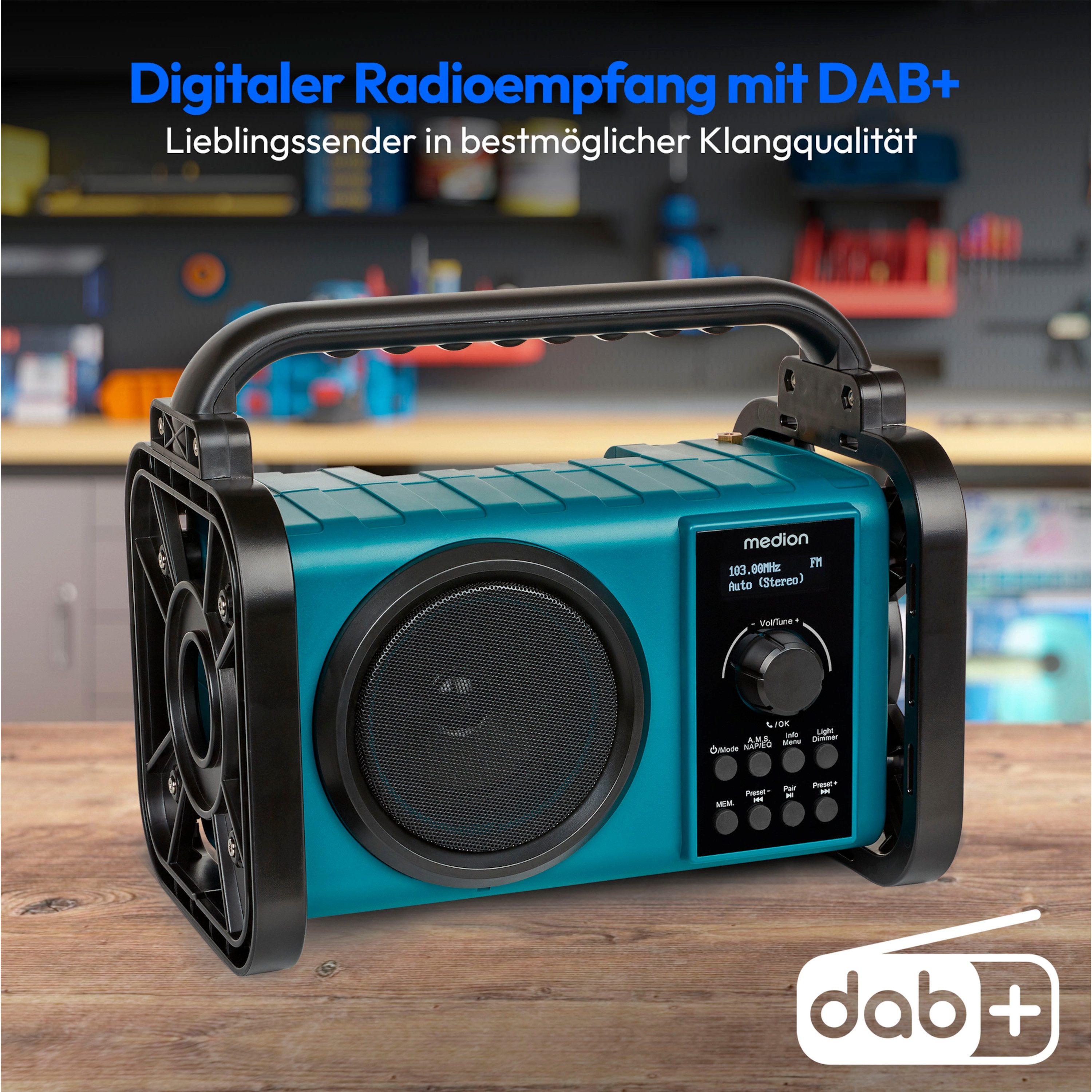 Medion® Baustellenradio MEDION® LIFE® E66877 (MD43877) Baustellenradio (AM/FM, MW/UKW, DAB+, 5 W, integrierter Akku, LED-Arbeitslicht, Bluetooth 5.0, IP44-Schut – Bild 4 von 5