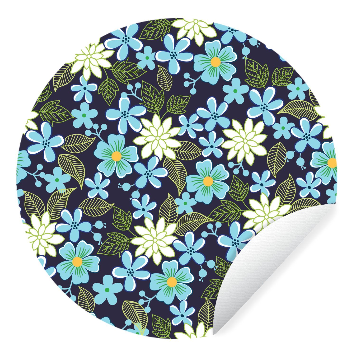 MuchoWow Wandsticker Tapetenaufkleber, St), für (1 Blumen Blau Wohnzimmer - Tapetenkreis - Blätter Rund, Kinderzimmer