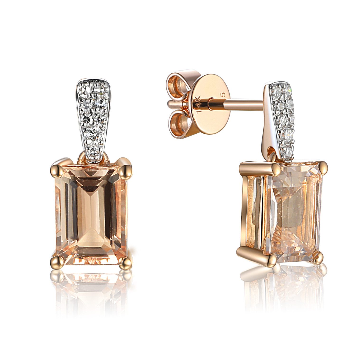 Stella-Jewellery Paar Ohrstecker 585er Rotgold Ohrstecker Morganit Octagon (Morganit 1,68ct Diamanten zus. 0,04ct), Morganit 1,68ct Diamanten zus. 0,04ct. (Brillantschliff)