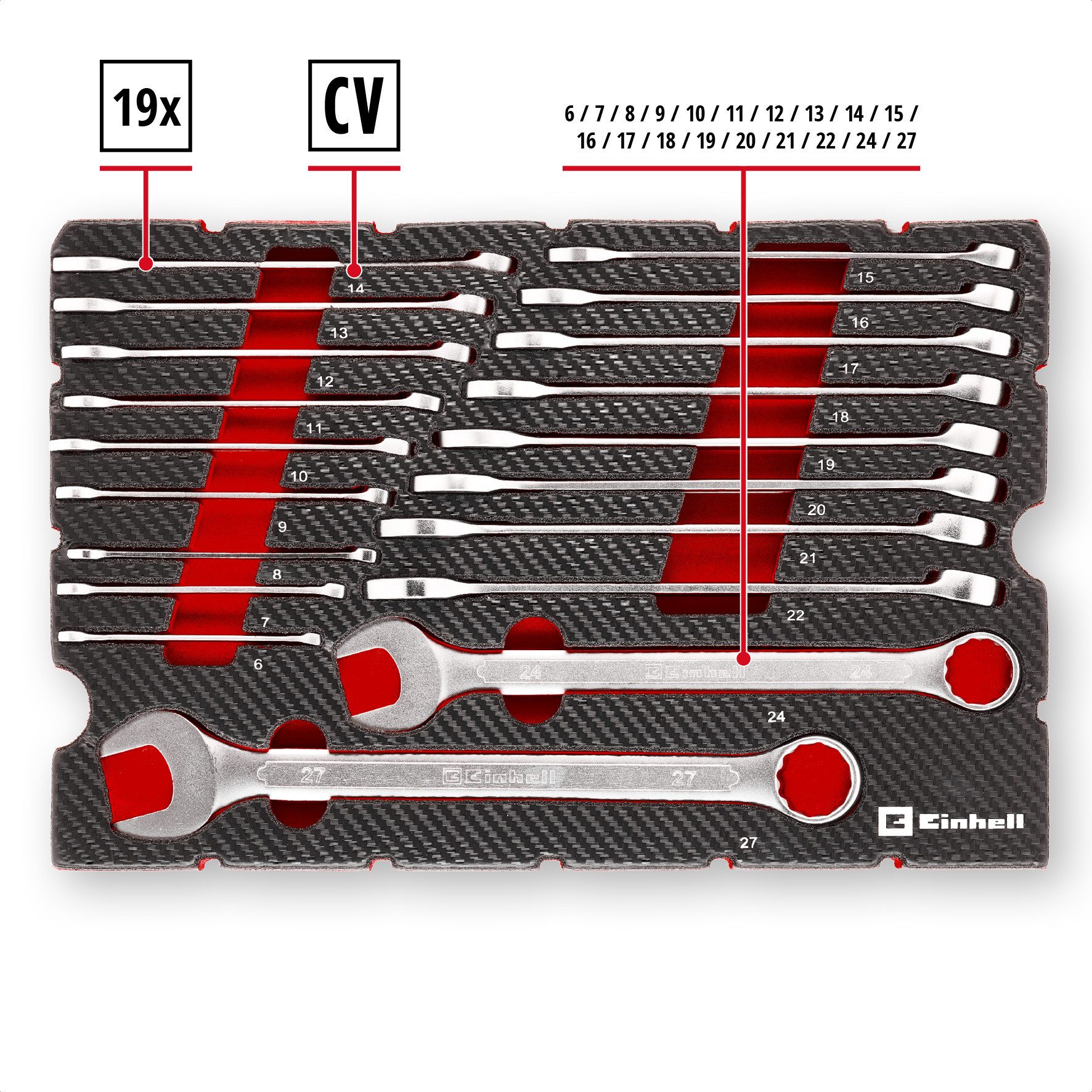 Einhell Werkzeugset Original Einhell Pad Gabelringschlüssel 19-tlg. (12-Kant-Profil, Chrom, (19-tlg), Original Einhell Pad Gabelringschlüssel 19-tlg. (12-Kant-Profil, Chrom