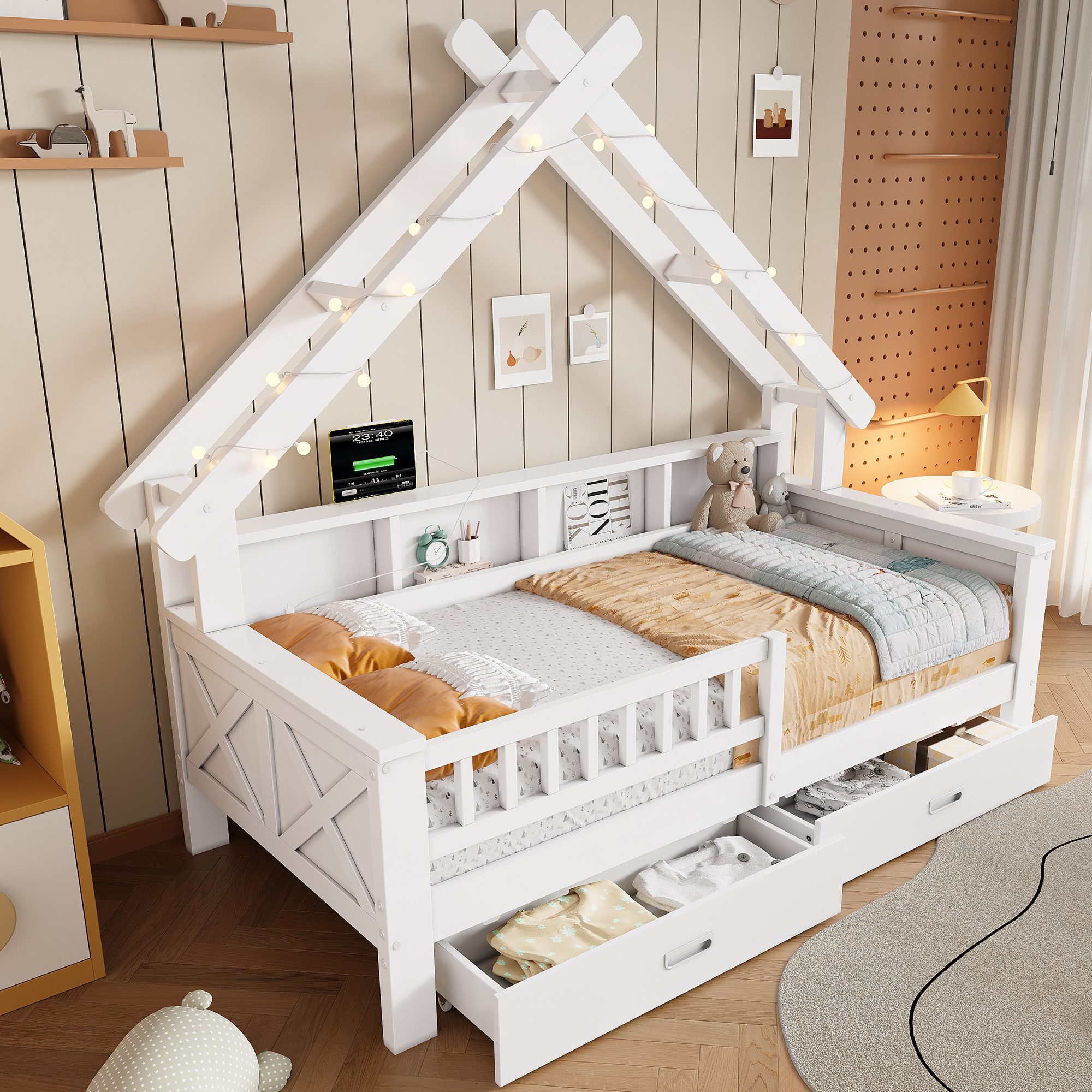 MODFU Kinderbett für Kinderzimmer & Schlafzimmer (Kinder-Hausbett mit LED-Licht & Stauraum – stabiles Plattformbett mit Schutzgitter, Schubladen und Regalen., 1-tlg., 205 x 97 x 179)