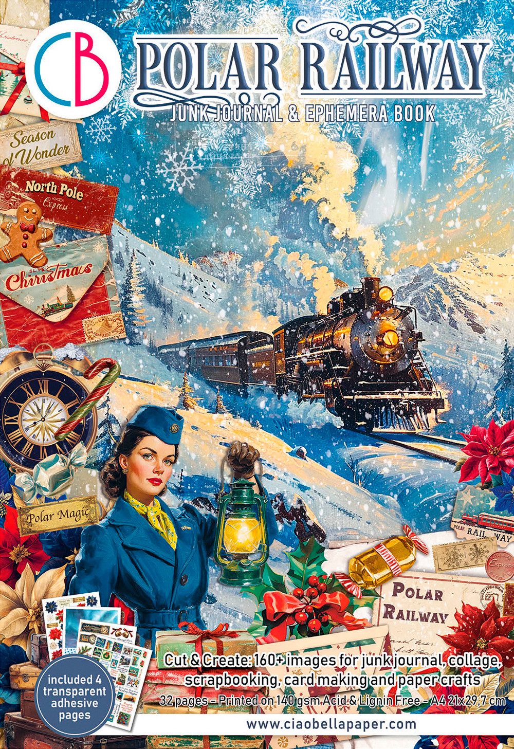 Ciao Bella Motivpapier Junk Journal & Ephemera Book Polar Railway, 32 Blatt
