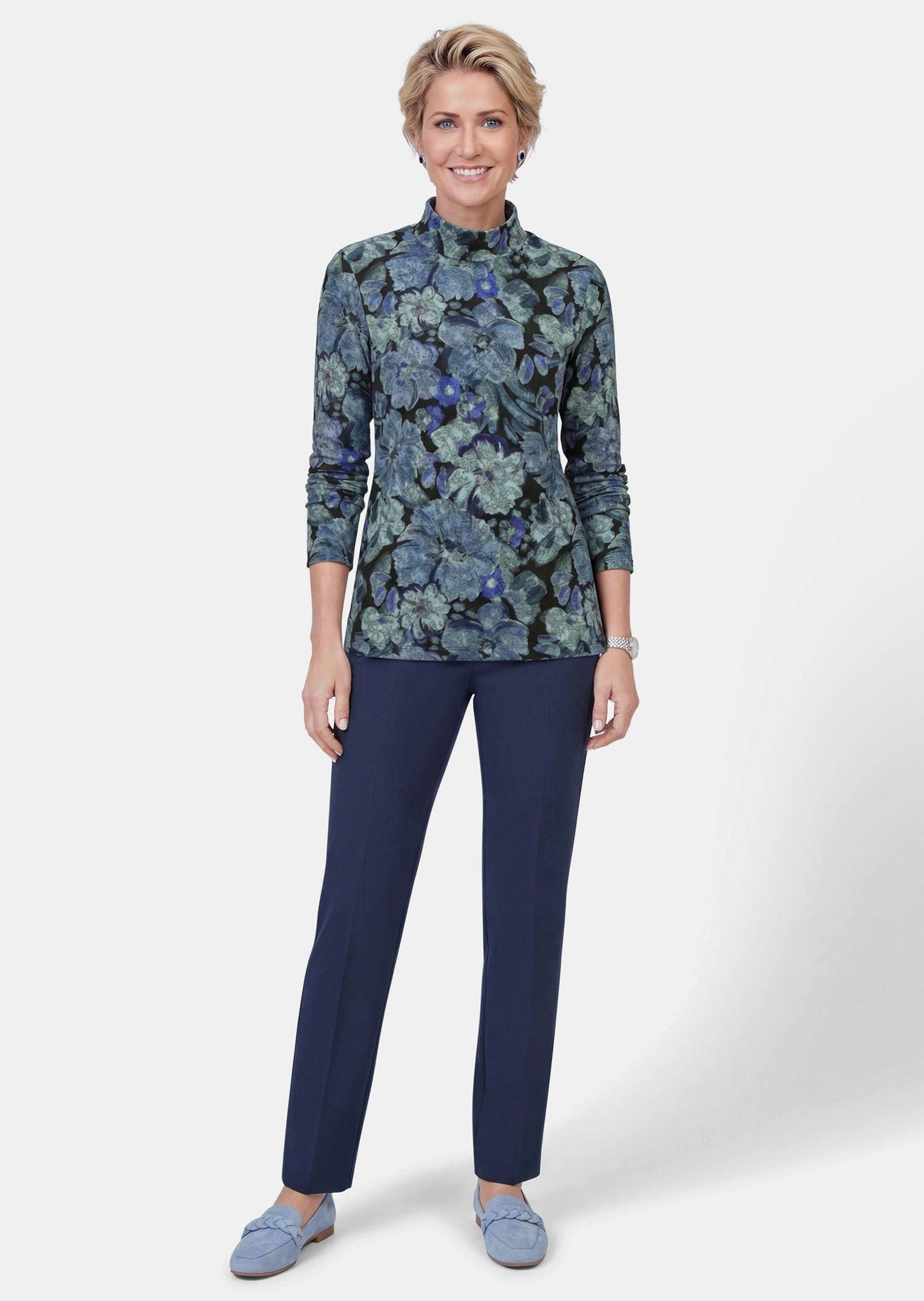 GOLDNER Print-Shirt Langarmshirt mit Blumen Fein strukturiertes Jerseyshirt mit Stehkragen