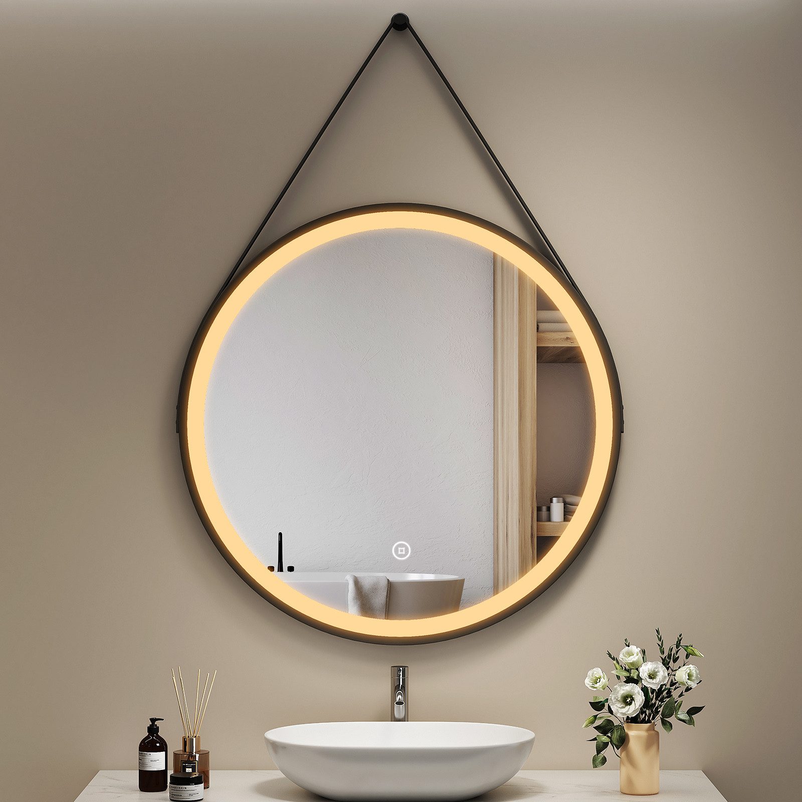EMKE Badspiegel mit Beleuchtung Rund Badezimmerspiegel schwarzem Rahmen (50-80cm, Touchschalter), Dimmbar Warmweißes/Kaltweißes/Neutrales Licht, IP44