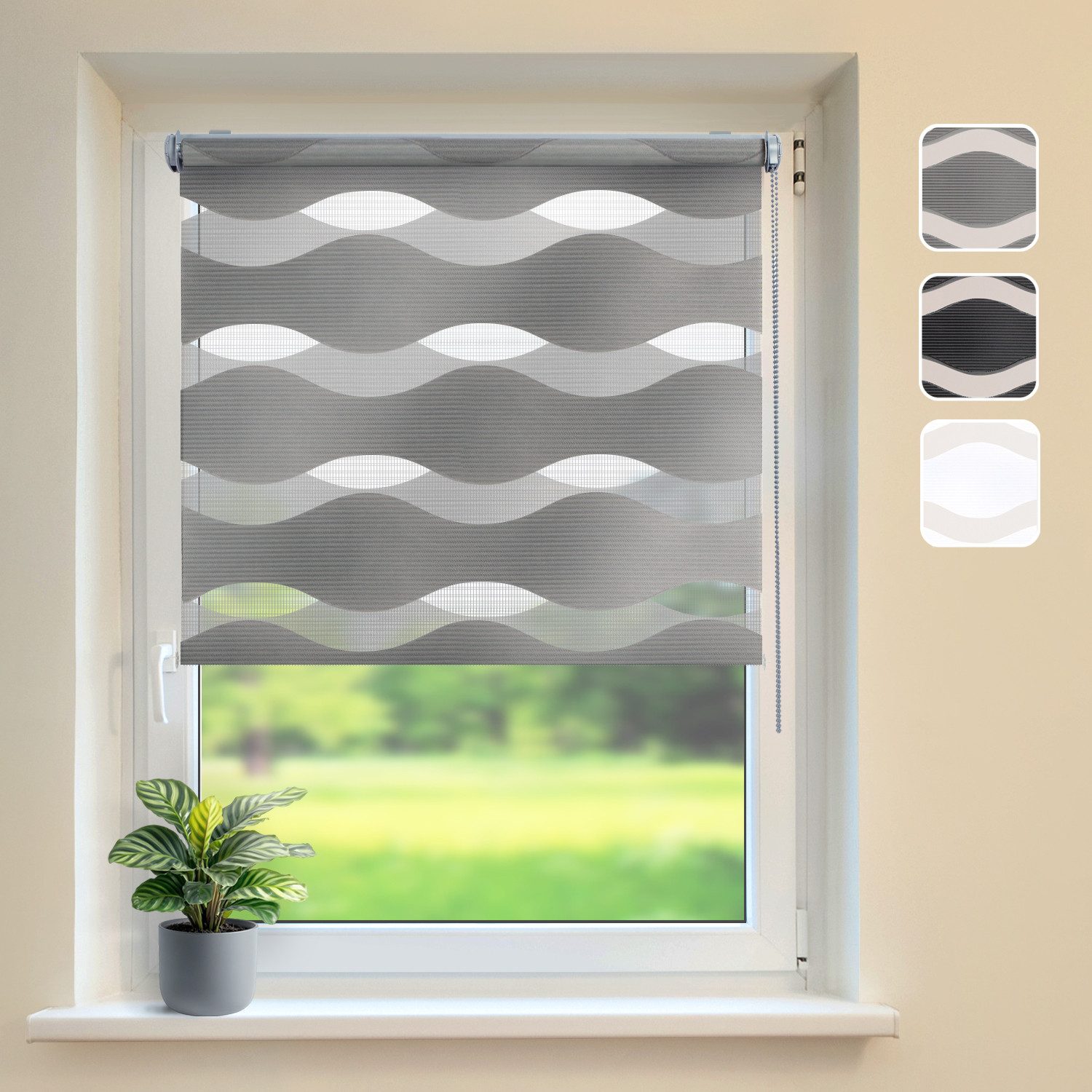 Doppelrollo Klemmfix "Wave" Duo-Rollo ohne Bohren, DomDeco, Klemm- oder Schraubmontage, Klemmbar, Kettenzug, ohne Bohren, Sicht- und Blendschutz