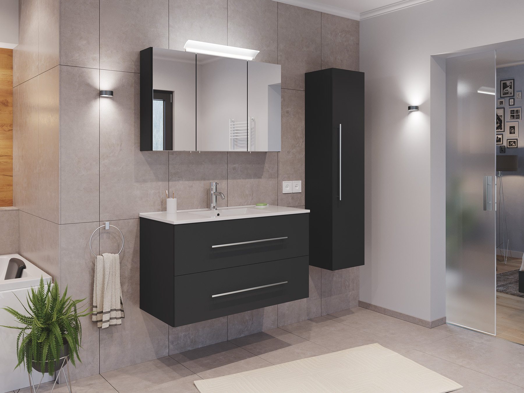 Magnolia Home Badmöbel-Set Badmöbel Set Firenze 100 3tlg. Spiegelschrank & Hochschrank grafit, Soft-Close