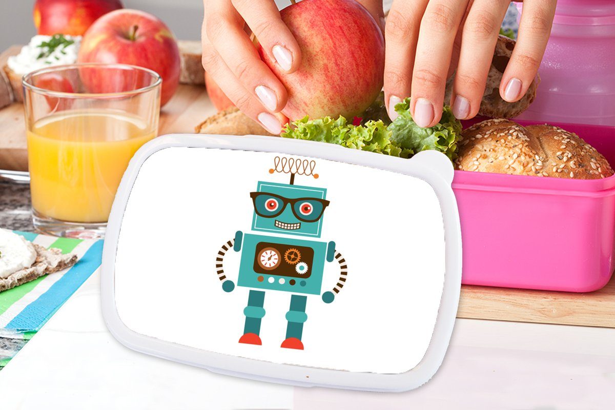rosa Brotdose Gesicht - - Mädchen, Roboter Kinder, (2-tlg), Kinder, MuchoWow Erwachsene, Kunststoff für Schutzbrille Lunchbox Zahnräder - Snackbox, - - Kunststoff, Jungen Brotbox