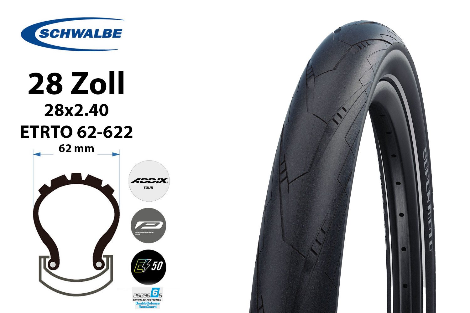 Fahrradreifen 28 Zoll Schwalbe SUPER MOTO 28x2.40 Reifen 62-622 DD Reflexstreifen