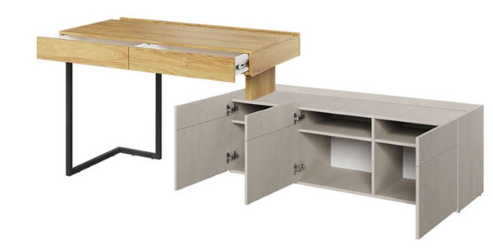 Feldmann-Wohnen Hickory Raw Teen betonfarben Natur Flex, Steel Schreibtisch 3-teilig