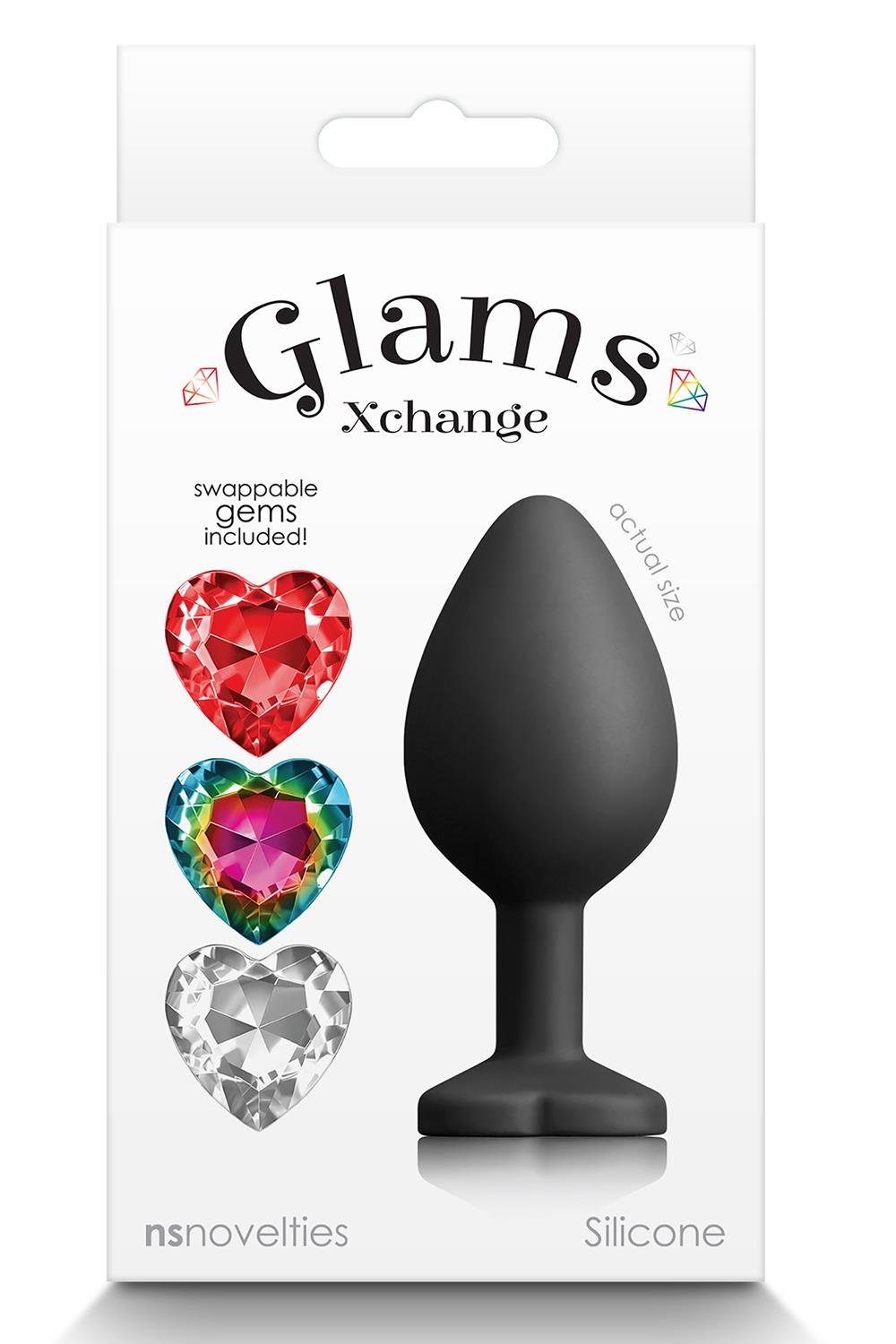 NS Novelties Analplug Glams XChange Heart Medium 3,5 cm, mit drei austauschbaren bunten Edelsteinen.