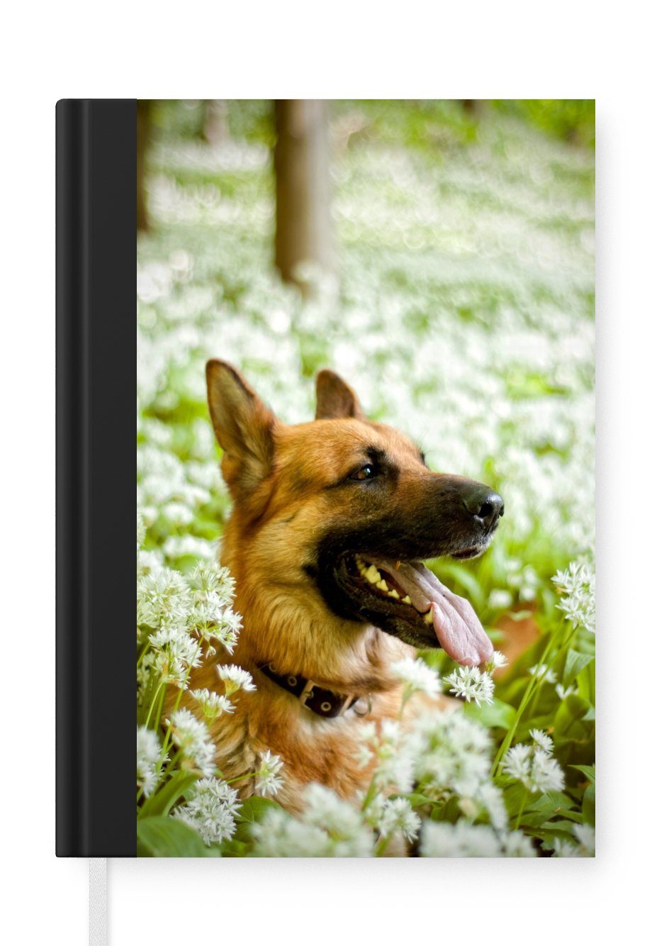 MuchoWow Notizbuch Deutscher Schäferhund sitzt inmitten der weißen Blumen, Journal, Merkzettel, Tagebuch, Notizheft, A5, 98 Seiten, Haushaltsbuch