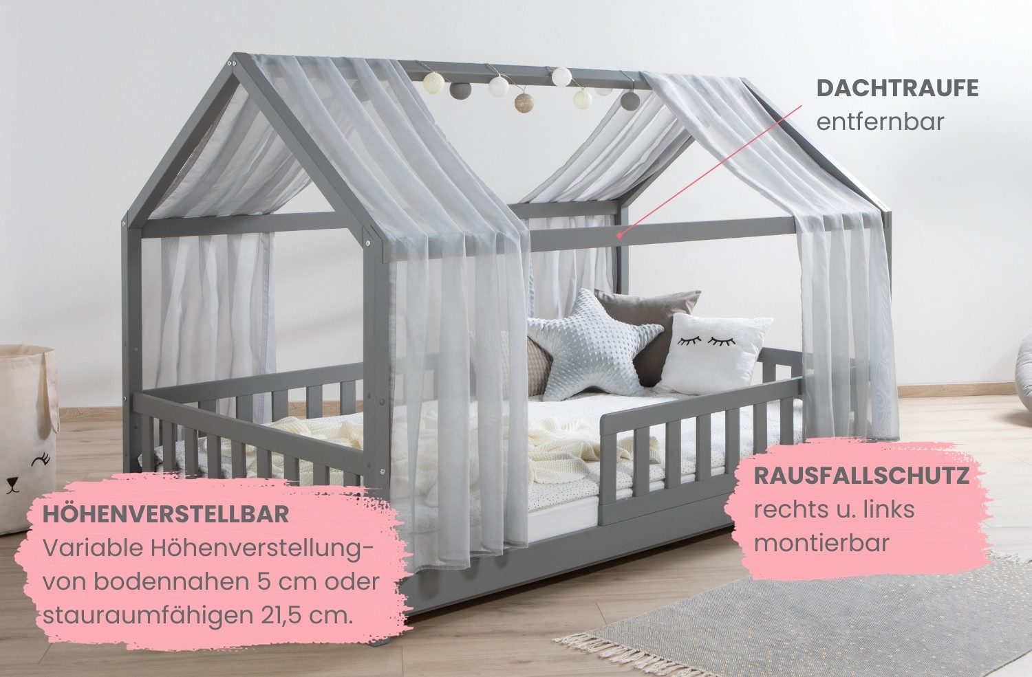 Ticaa Hausbett Kim mit Rausfallschutz aus Kiefer, Kinderbett 100x200, inkl. Tüll-Set, mit Rollrost