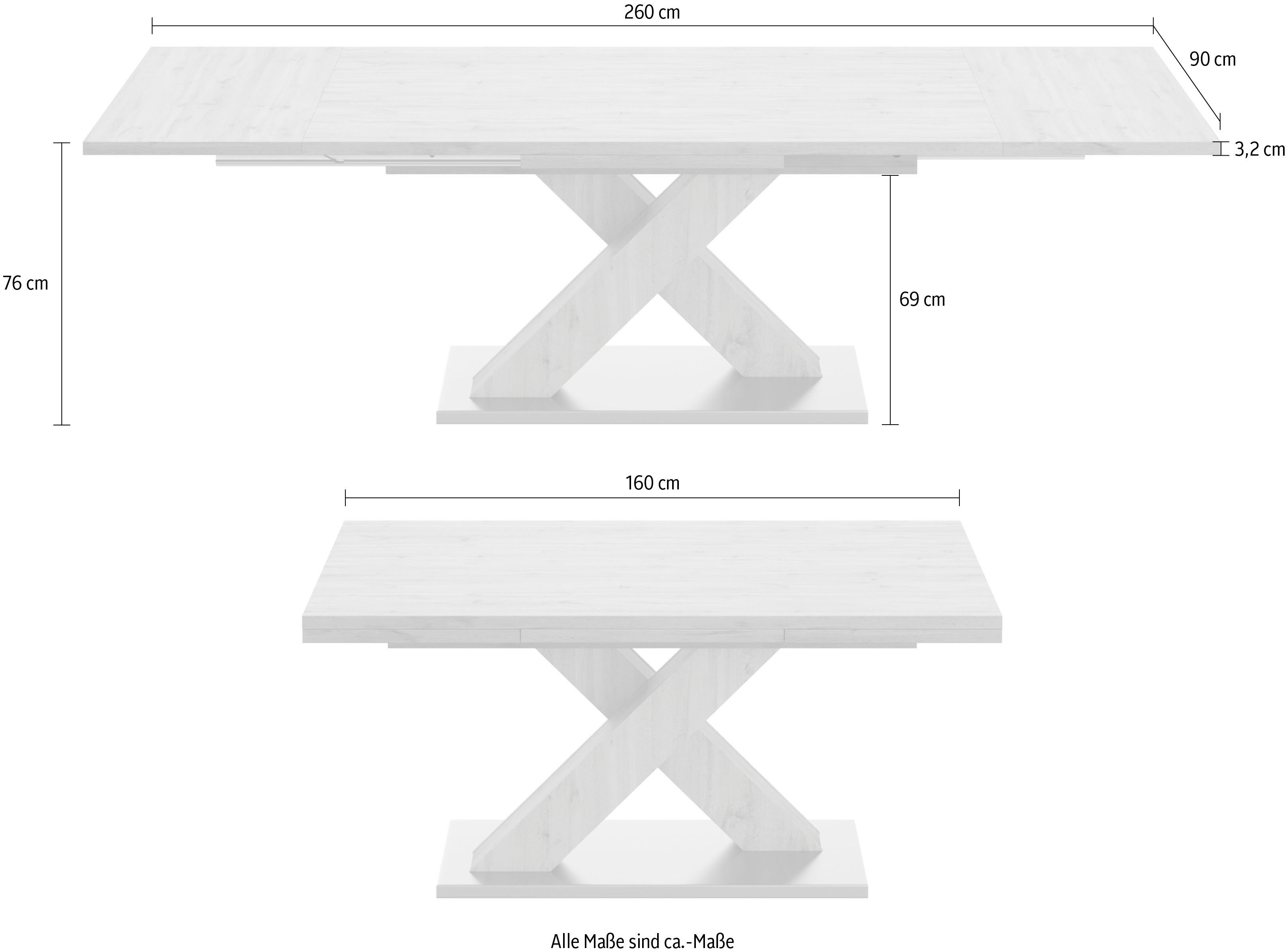 Mäusbacher Esstisch Komfort C, asteichefarben/weiß Auszug, 160-260 und asteichefarben Breite in matt cm mit mit X-Gestell lack