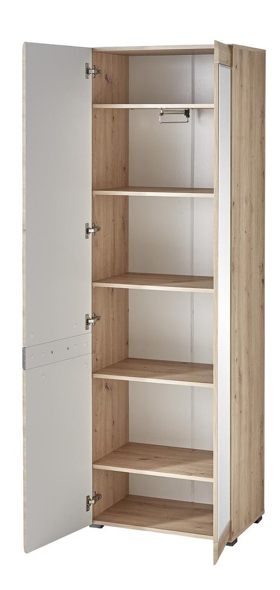 Konstruktionsböden cm, sowie 65 Holztür, 2 Absetzung Nachbildung 3 Tiefe Kleiderstange) in ausziehbarer 1 1 Korpus 1 inkl. mit Artisan-Eiche MDF Wally möbelando mit Steinoptik, cm, Einlegeböden. Breite (davon aus Front 200 Garderobenschrank 38 in cm aus Spanplatte, Garderobenschrank Moderner Spiegeltür, Roxy Höhe