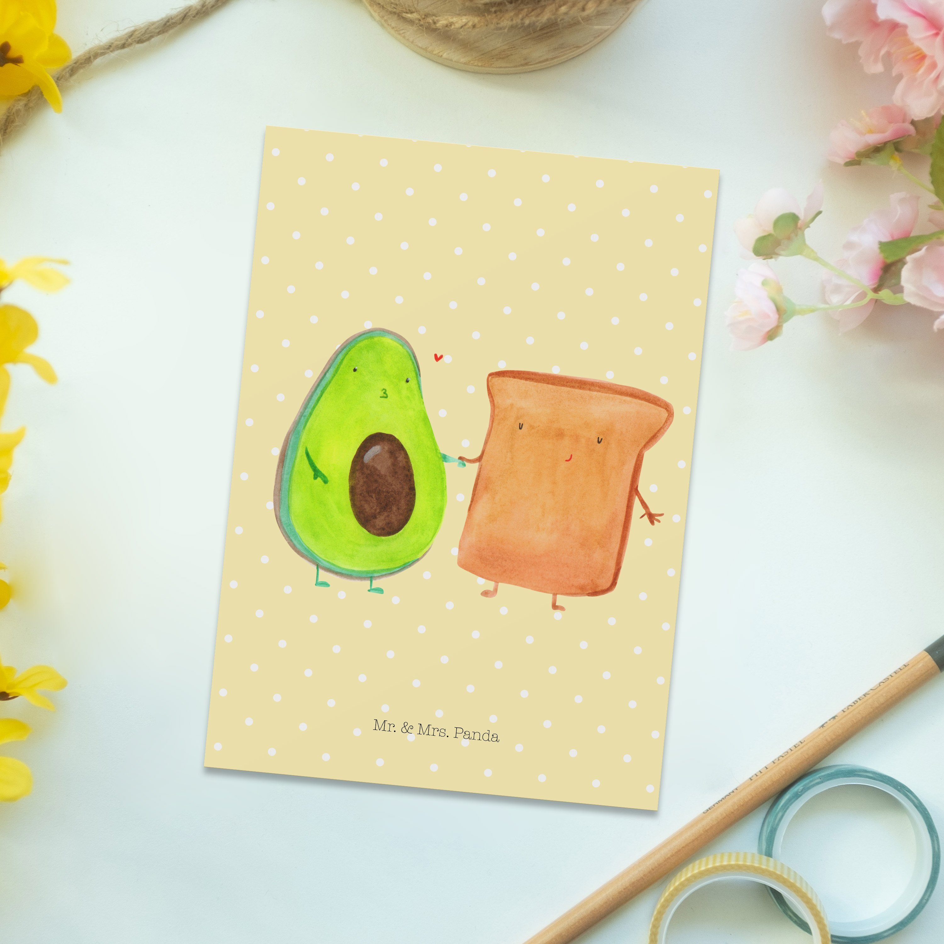 Mr. & Mrs. Panda Postkarte Geschenk, Pastell Gru Gelb Ansichtskarte, Toast - Veggie, - + Avocado