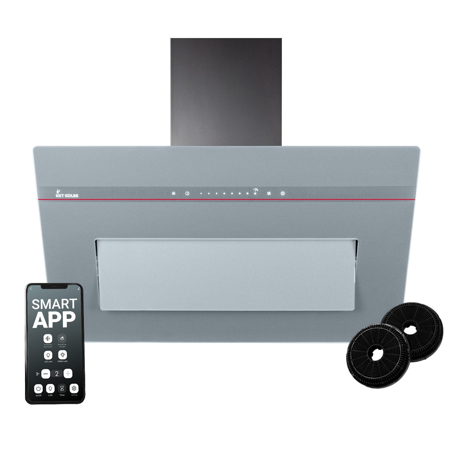 KKT KOLBE Wandhaube Dunstabzugshaube 80cm PLOOM8005G RGBW Ambientebeleuchtung Dunstabzugshaube 80cm PLOOM8005G RGBW Ambientebeleuchtung, Kopffrei / 80cm / Smarte WiFi-App / Grau / Glas / Schräghaube