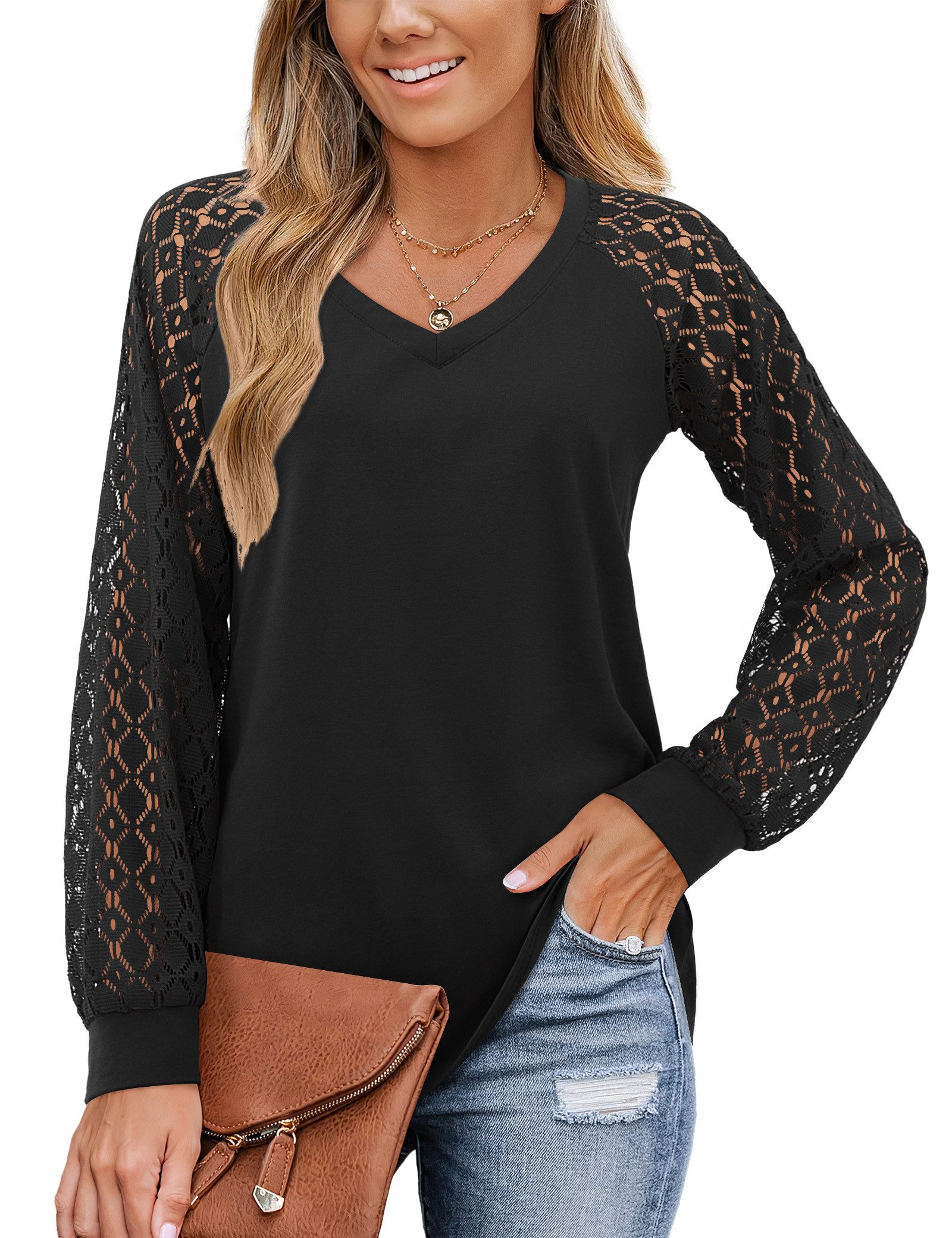 Beluring Langarmbluse Damen Bluse mit Spitze – V-Ausschnitt, Langarmshirt, günstig online kaufen