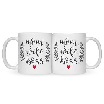 GRAVURZEILE Tasse mit Spruch - Mom. Wife. Boss., Keramik, Farbe: Weiß