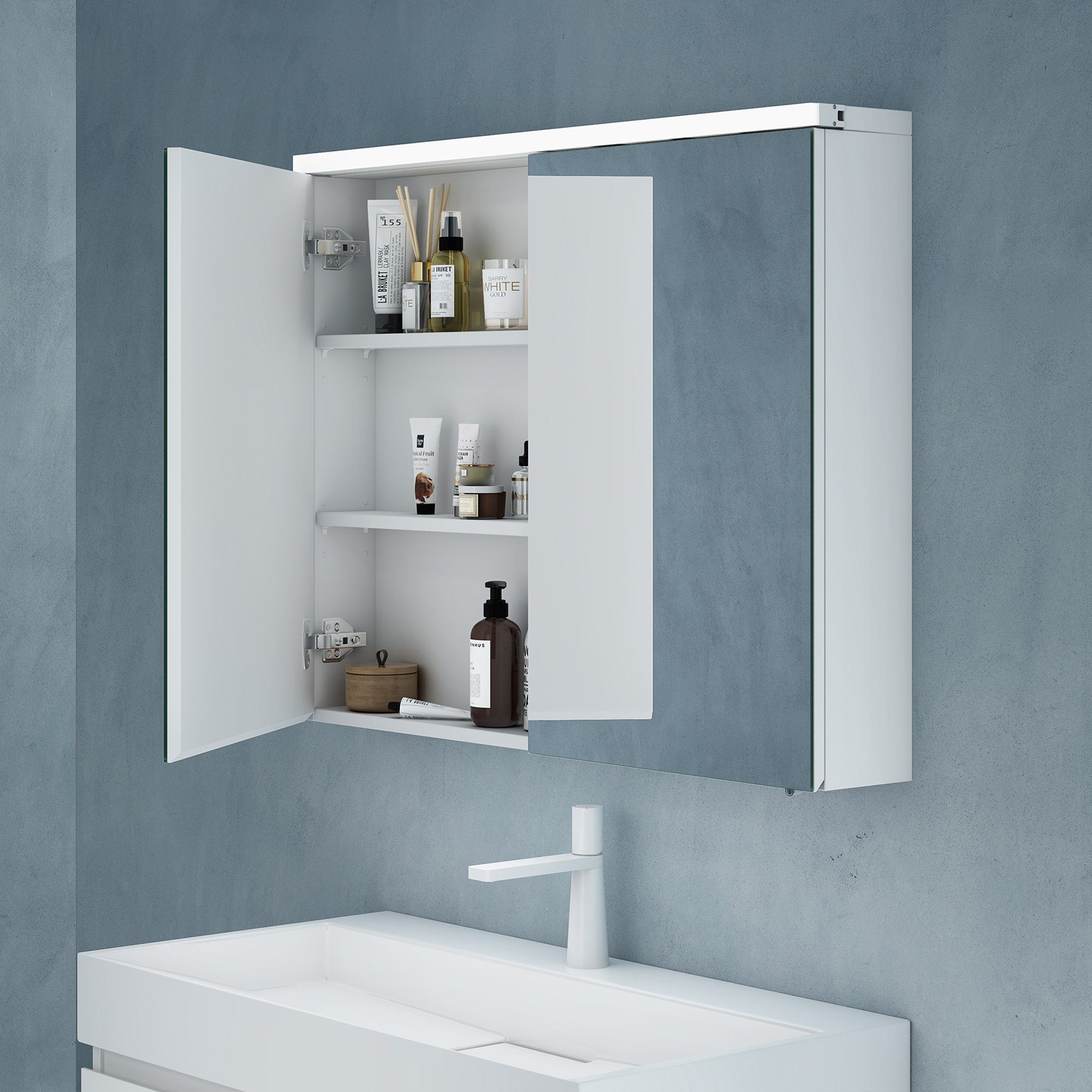 doporro Badezimmerspiegelschrank Spiegelschrank weiß Spiegelschrank03 matt Regalbrett LED-Spiegel verstellbarem