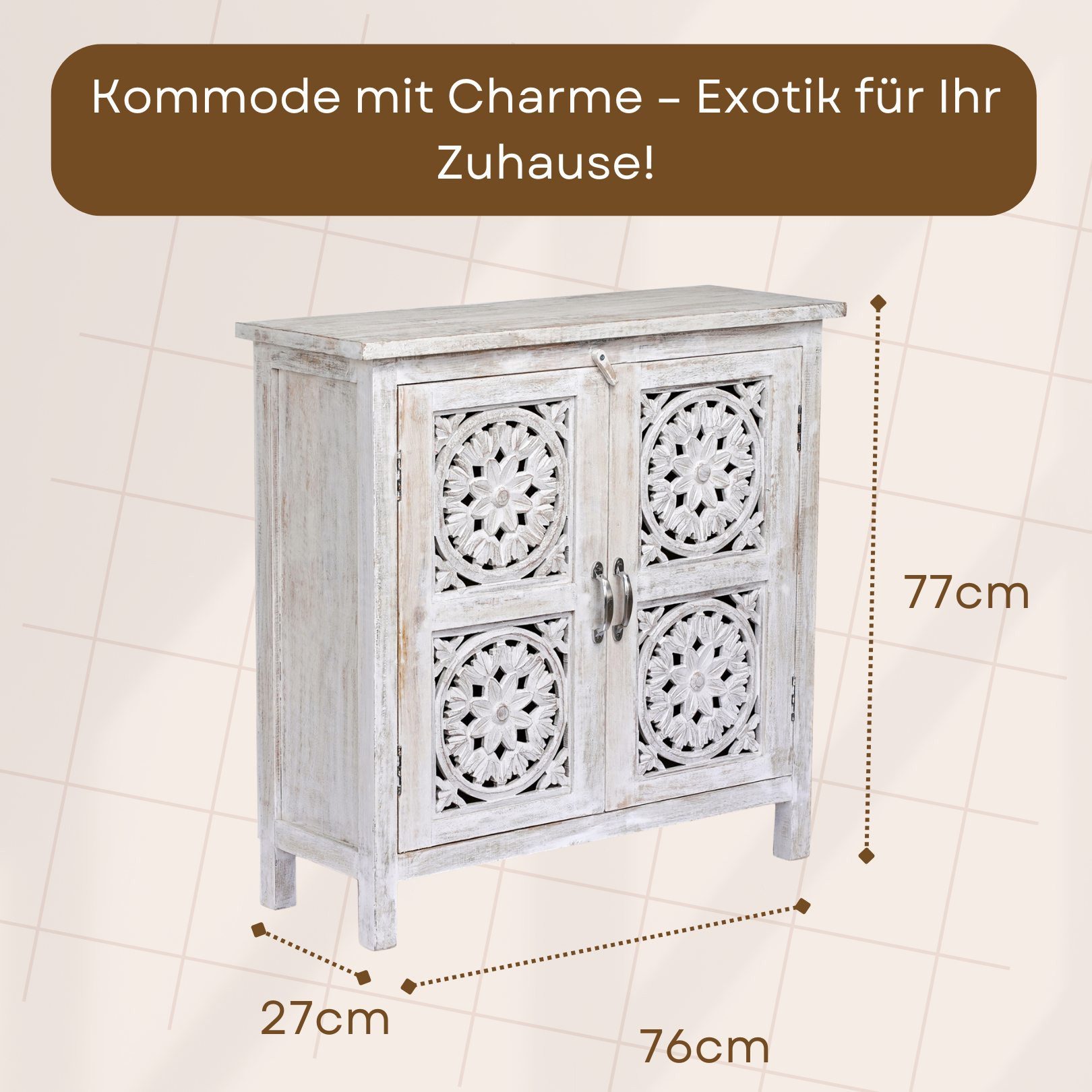 Marrakesch Orient & Mediterran Interior Kommode Landhaus Kommode Ezra weiss 76cm (1 St), Handarbeit
