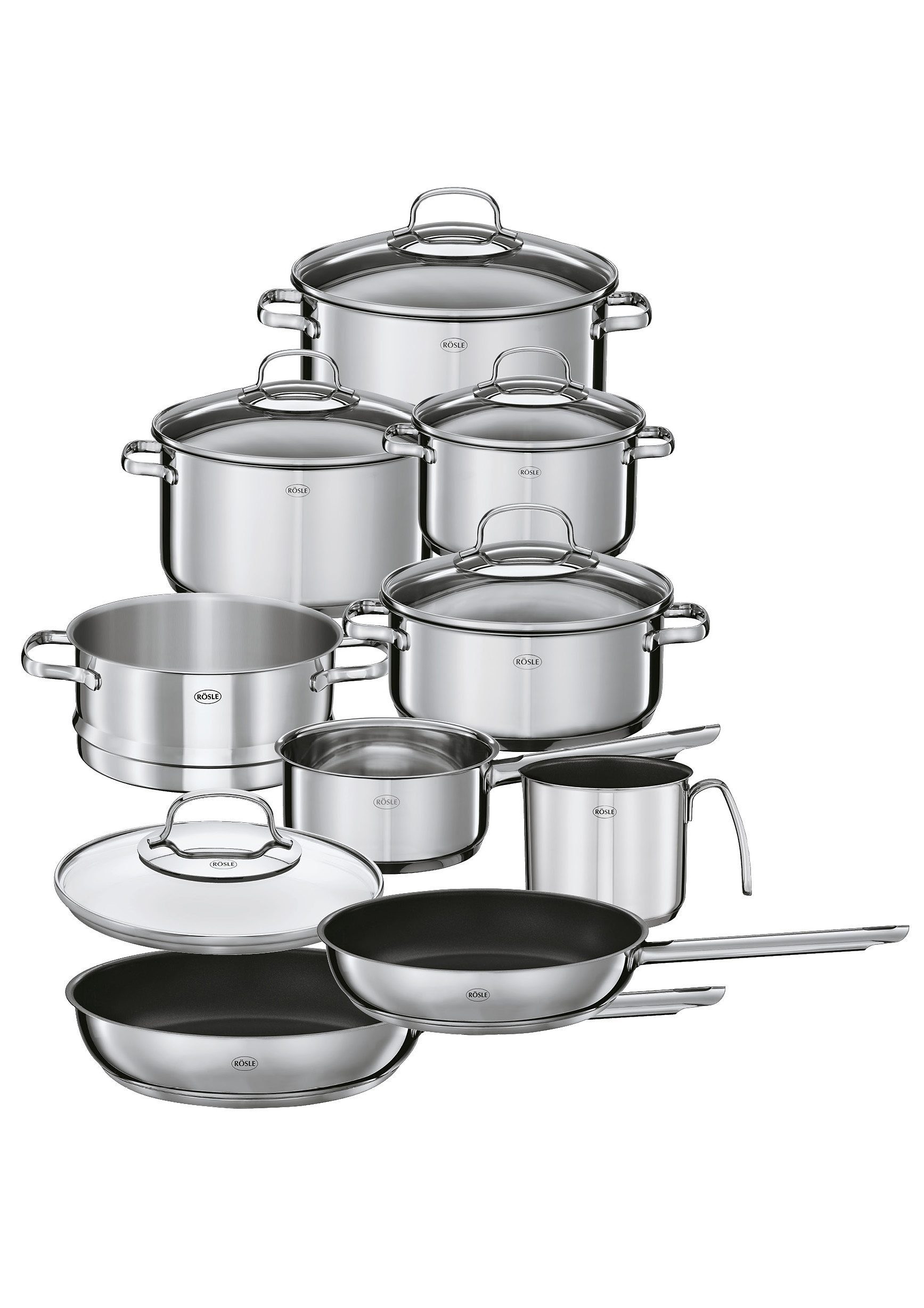 RÖSLE Topf-Set ELEGANCE, Edelstahl 18/10 (Set, 14-tlg., Bratentopf 20cm, Kochtopf 16/20/24 cm, Kasserolle 16cm, Pfanne 24/28cm), mit Glasdeckel und Innenskalierung, spülmaschinen-/ induktionsgeeignet