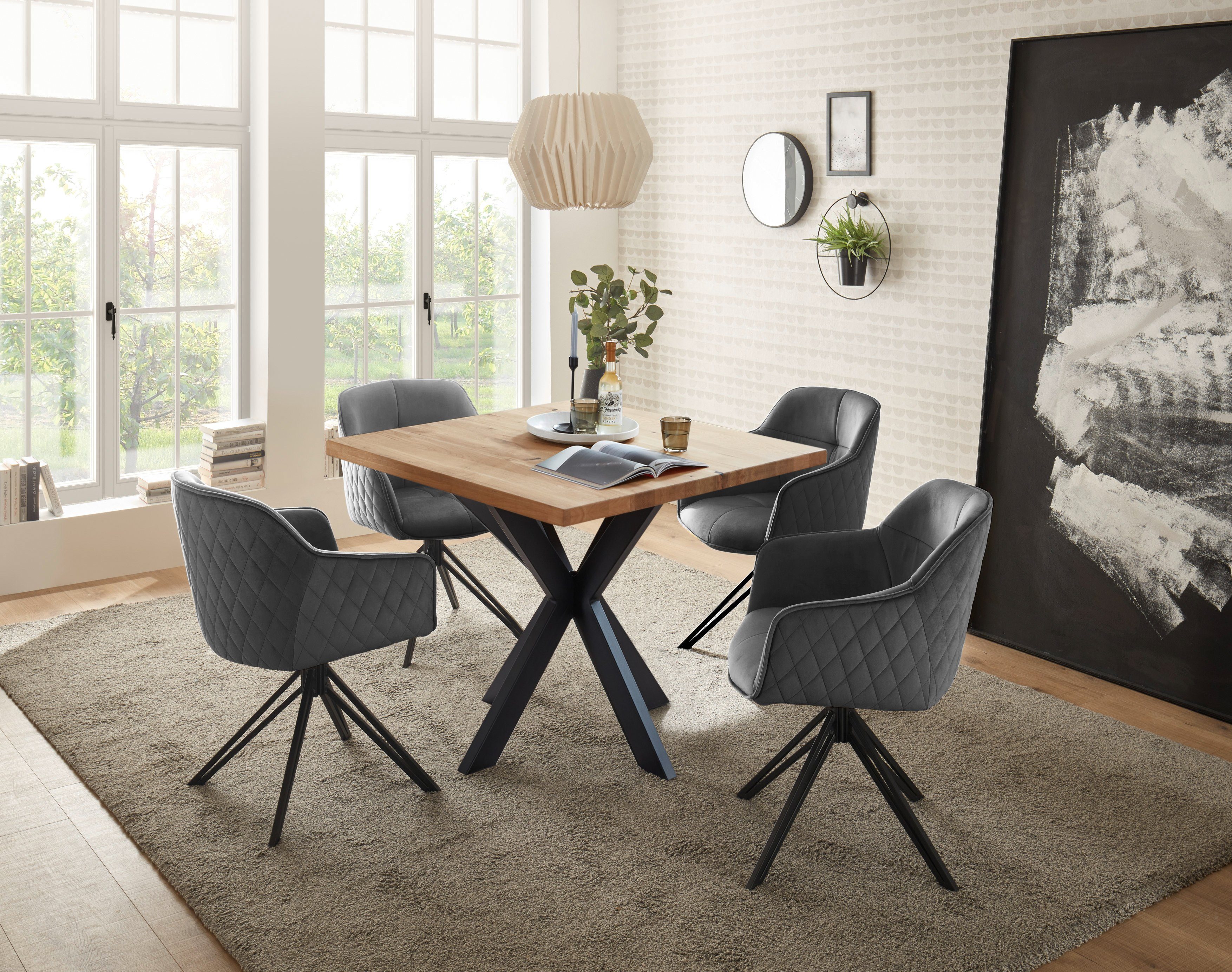 moebel-dich-auf Essgruppe MIRI, (Set, Esstisch grau Stühlen), 4 mit Eiche Küchentisch Sitzgruppe massiv