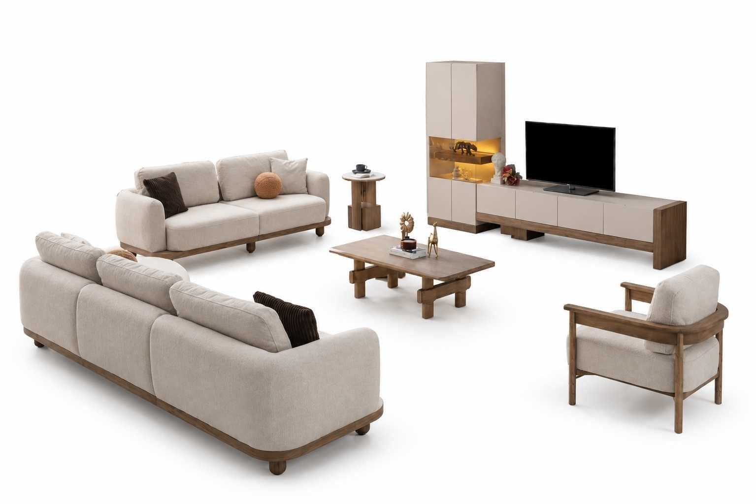 JVmoebel Polstergarnitur Sofa Set 4+3+1 Sitzer Wohnzimmer TV-Lowboard Vitrine 7tlg, (7-tlg), Made in Europa