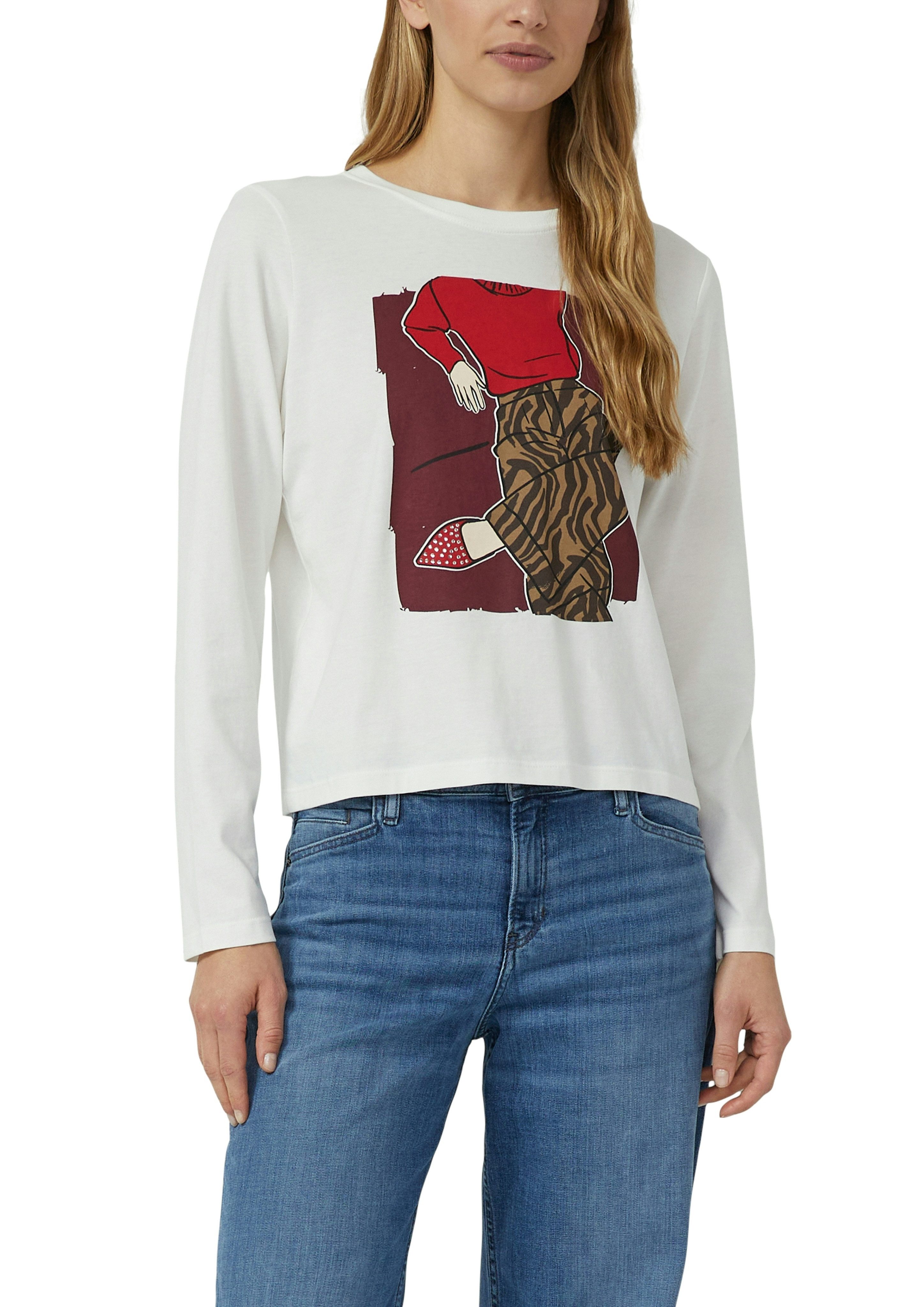 s.Oliver Langarmshirt mit Print und Schmucksteinen