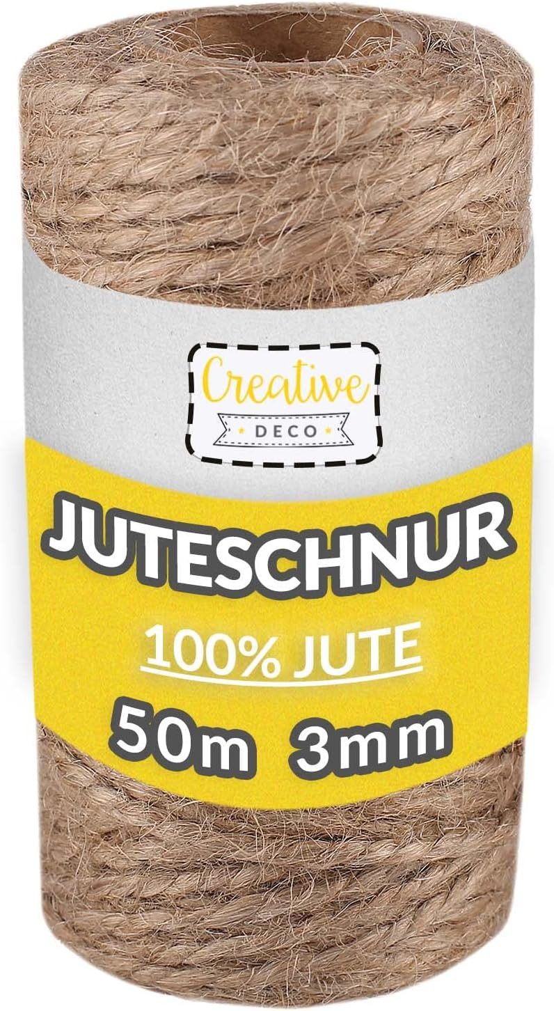 Creative Deco 50m Juteschnur Natur Braun, 3 mm Dicke 3-Lagig Bastelgarn, 50,00 m